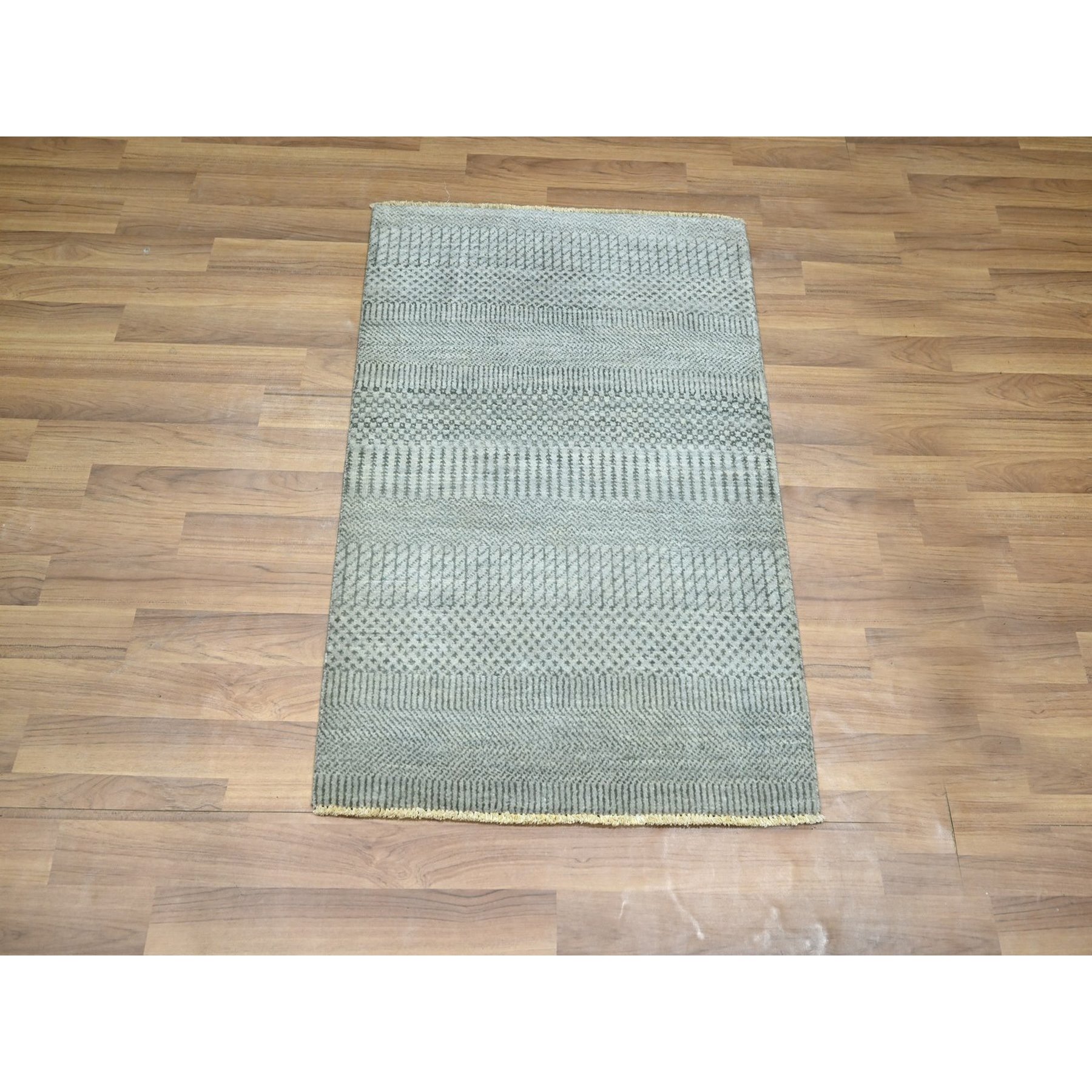 2'x3' Spanish Gray, Wool with touch of Silk, Tone on Tone, Lush and Plush, Hand Knotted, Modern Grass Design, Mat, Oriental Rug Sh76492