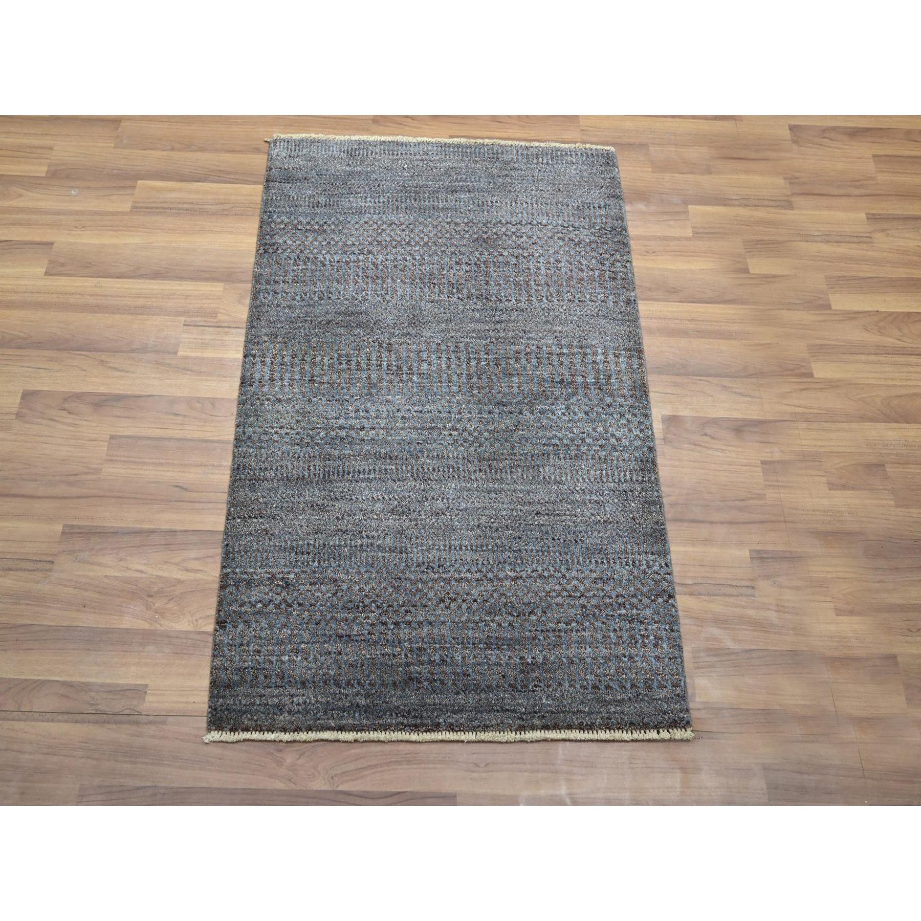 2'x3' Anchor Grey, Wool with touch of Silk, Tone on Tone, Lush and Plush, Hand Knotted, Modern Grass Design, Sample, Mat, Oriental Rug Sh76496