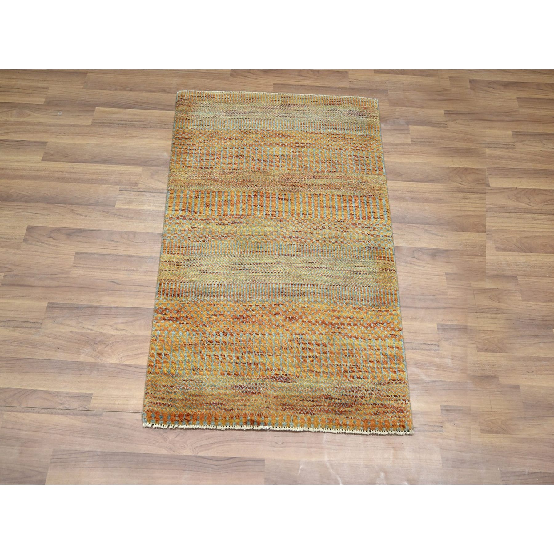 2'x3' Vivid Orange, Tone on Tone, Lush and Plush, Hand Knotted, Wool with touch of Silk, Modern Grass Design, Mat, Oriental Rug Sh76497