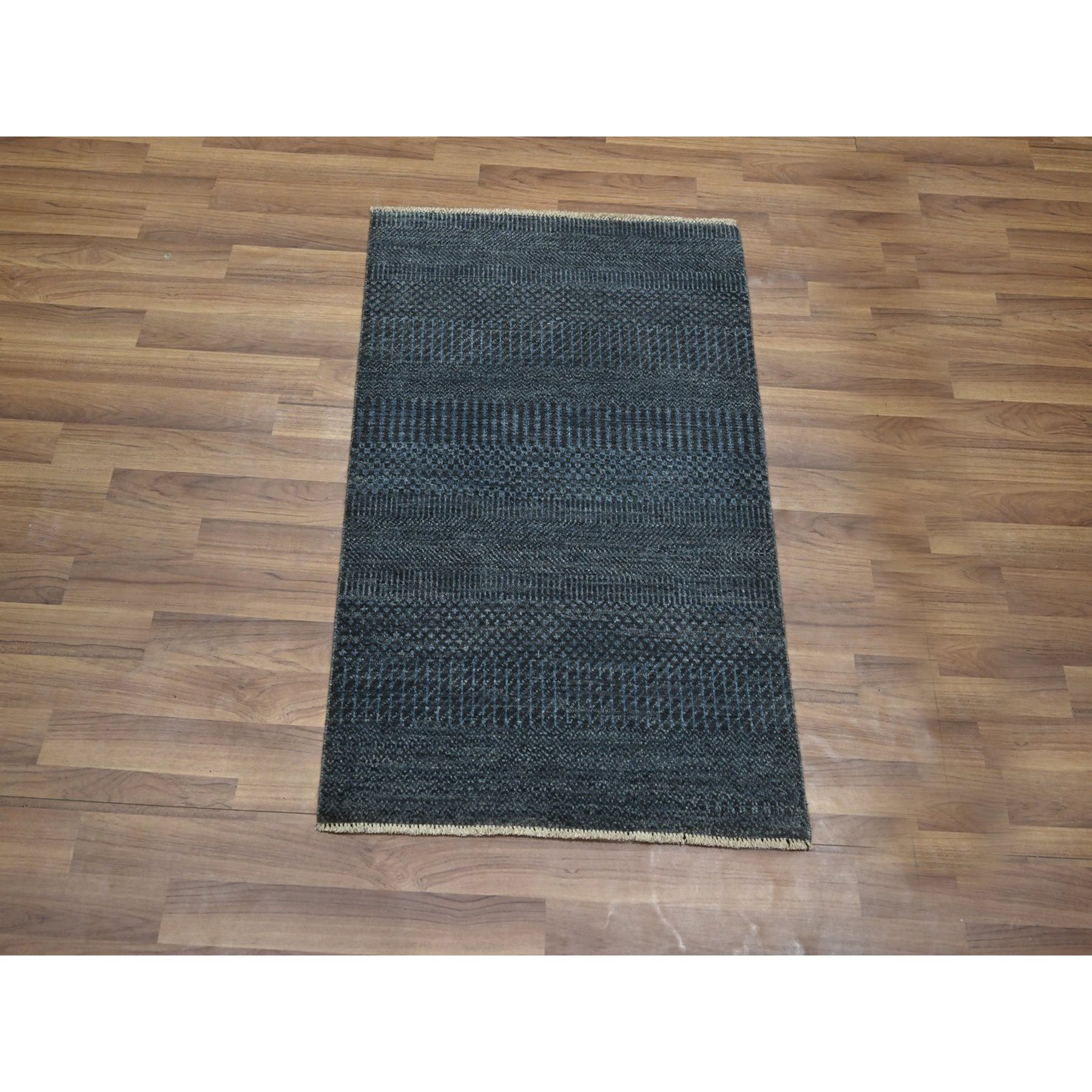 2'x3' Navy Blue, Tone on Tone, Hand Knotted, Wool with touch of Silk, Lush and Plush, Sample, Modern Grass Design, Mat, Oriental Rug Sh76508