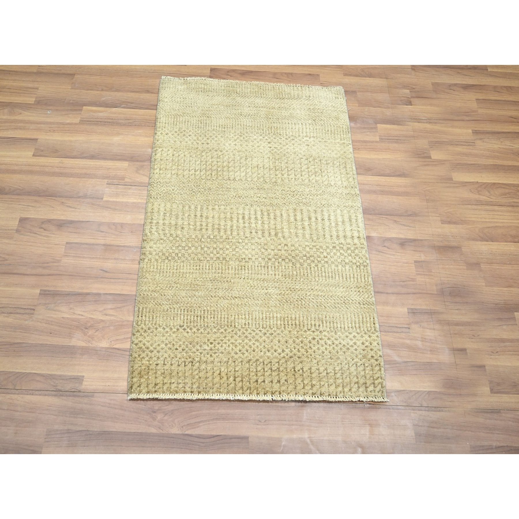 2'x3' Ecru Brown, Lush and Plush, Hand Knotted, Modern Grass Design, Wool with touch of Silk, Tone on Tone, Mat, Oriental Rug Sh76518