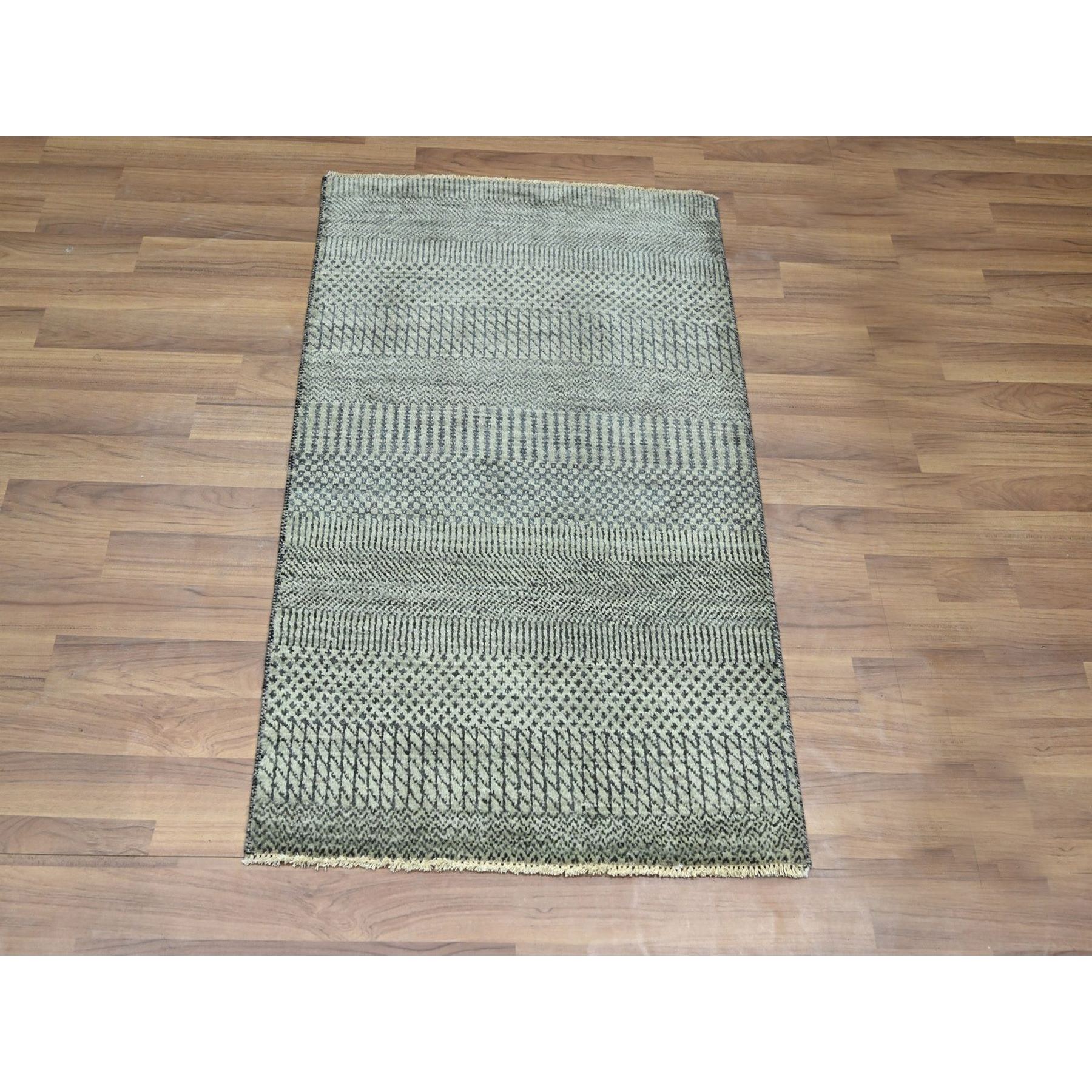 2'x3' Pastel Gray, Lush and Plush, Hand Knotted, Modern Grass Design, Wool with touch of Silk, Tone on Tone, Mat, Sample, Oriental Rug sh76527