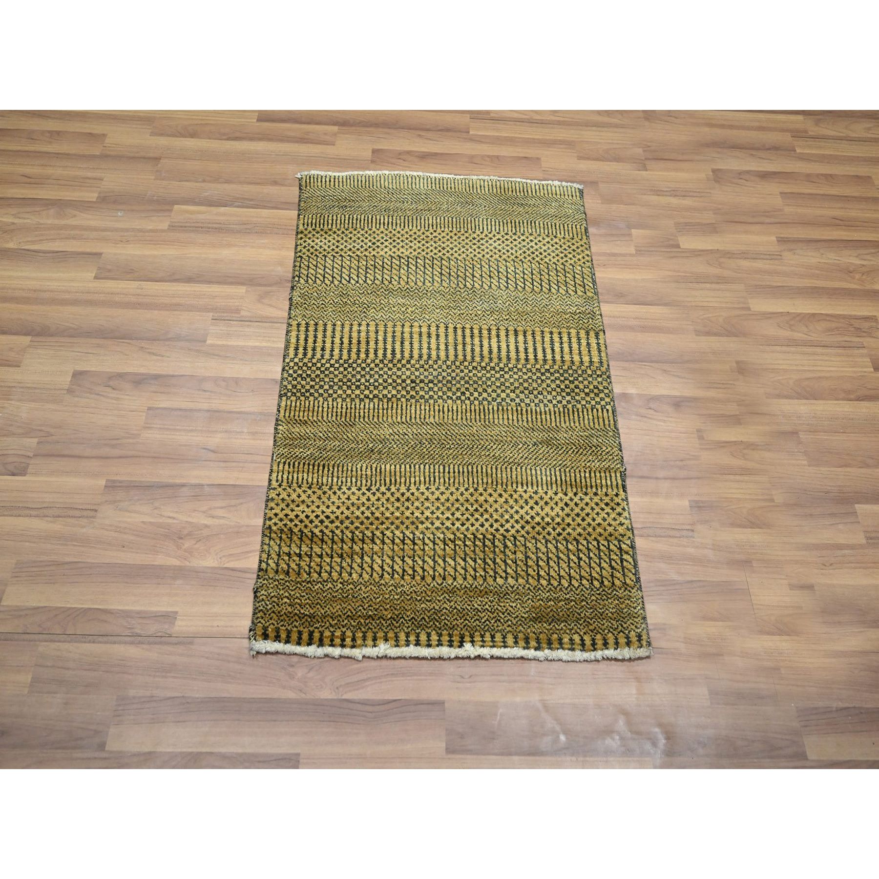 2'x3' Golden Brown, Wool with touch of Silk, Tone on Tone, Lush and Plush, Hand Knotted, Modern Grass Design, Sample, Mat, Oriental Rug Sh76529