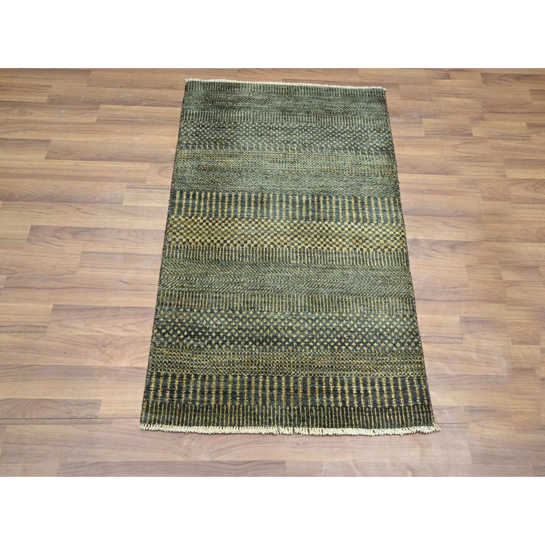 2'x3' Charcoal Black with Gold, Hand Knotted, Modern Grass Design, Sample, Wool and Silk, Tone on Tone, Lush and Plush, Mat, Oriental Rug Sh76533