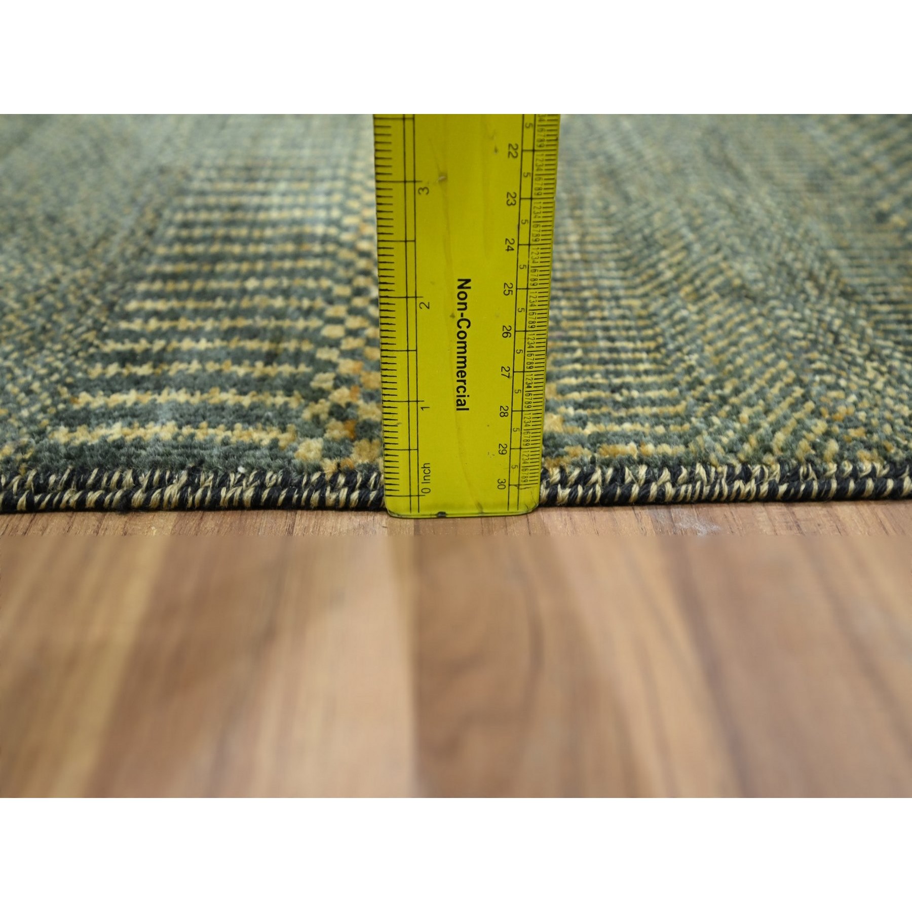 2'x3' Charcoal Black with Gold, Hand Knotted, Modern Grass Design, Sample, Wool and Silk, Tone on Tone, Lush and Plush, Mat, Oriental Rug Sh76533