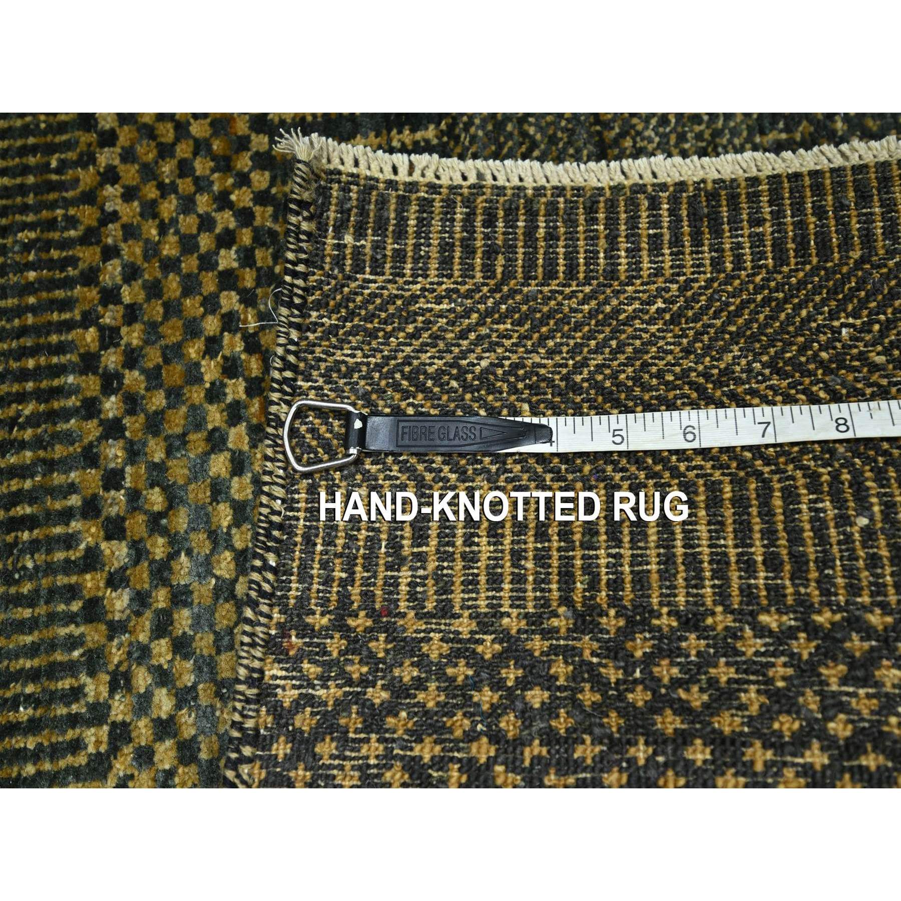 2'x3' Charcoal Black with Gold, Hand Knotted, Modern Grass Design, Sample, Wool and Silk, Tone on Tone, Lush and Plush, Mat, Oriental Rug Sh76533