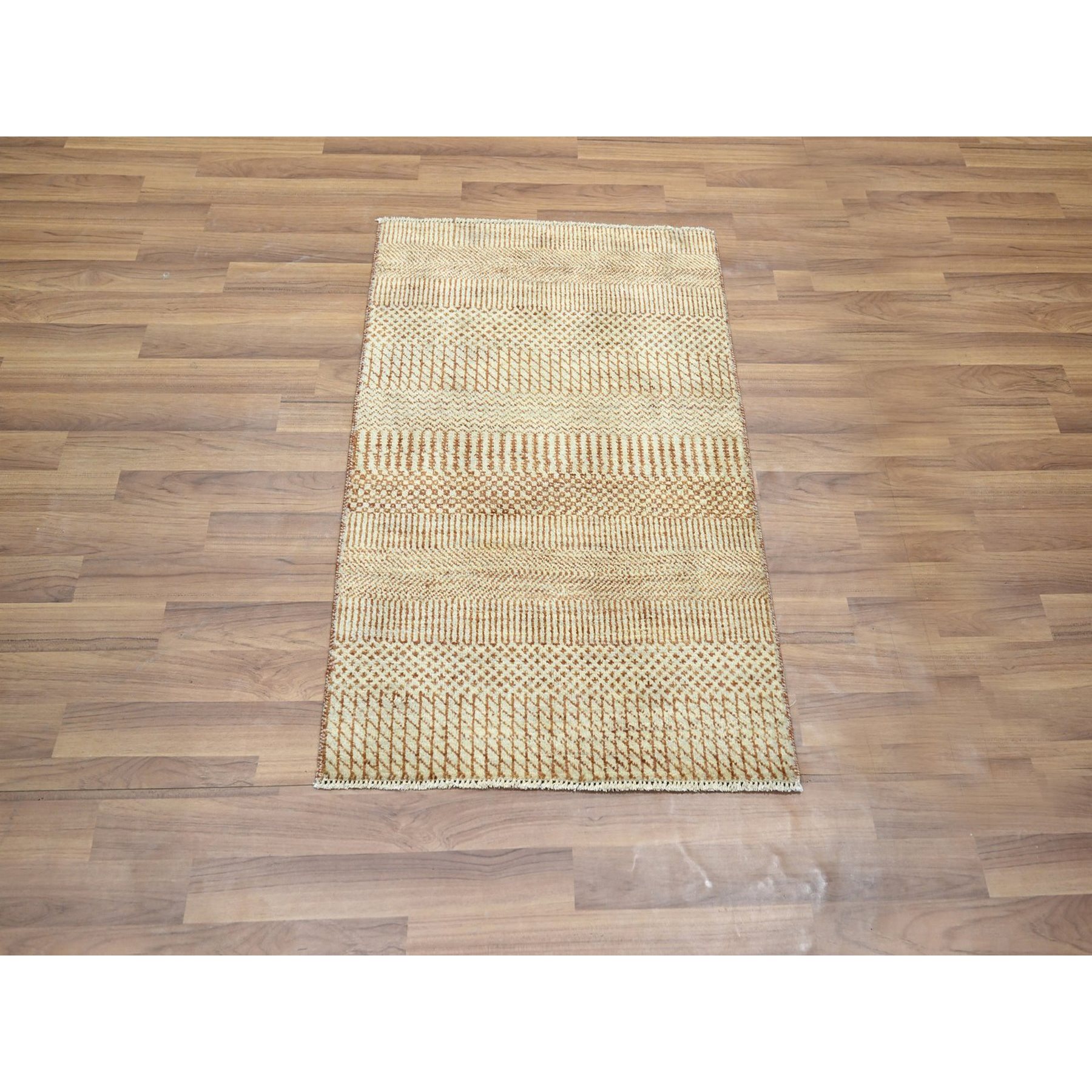 2'x3' Beige, Wool with touch of Silk, Tone on Tone, Lush and Plush, Hand Knotted, Modern Grass Design, Sample, Mat, Oriental Rug Sh76539