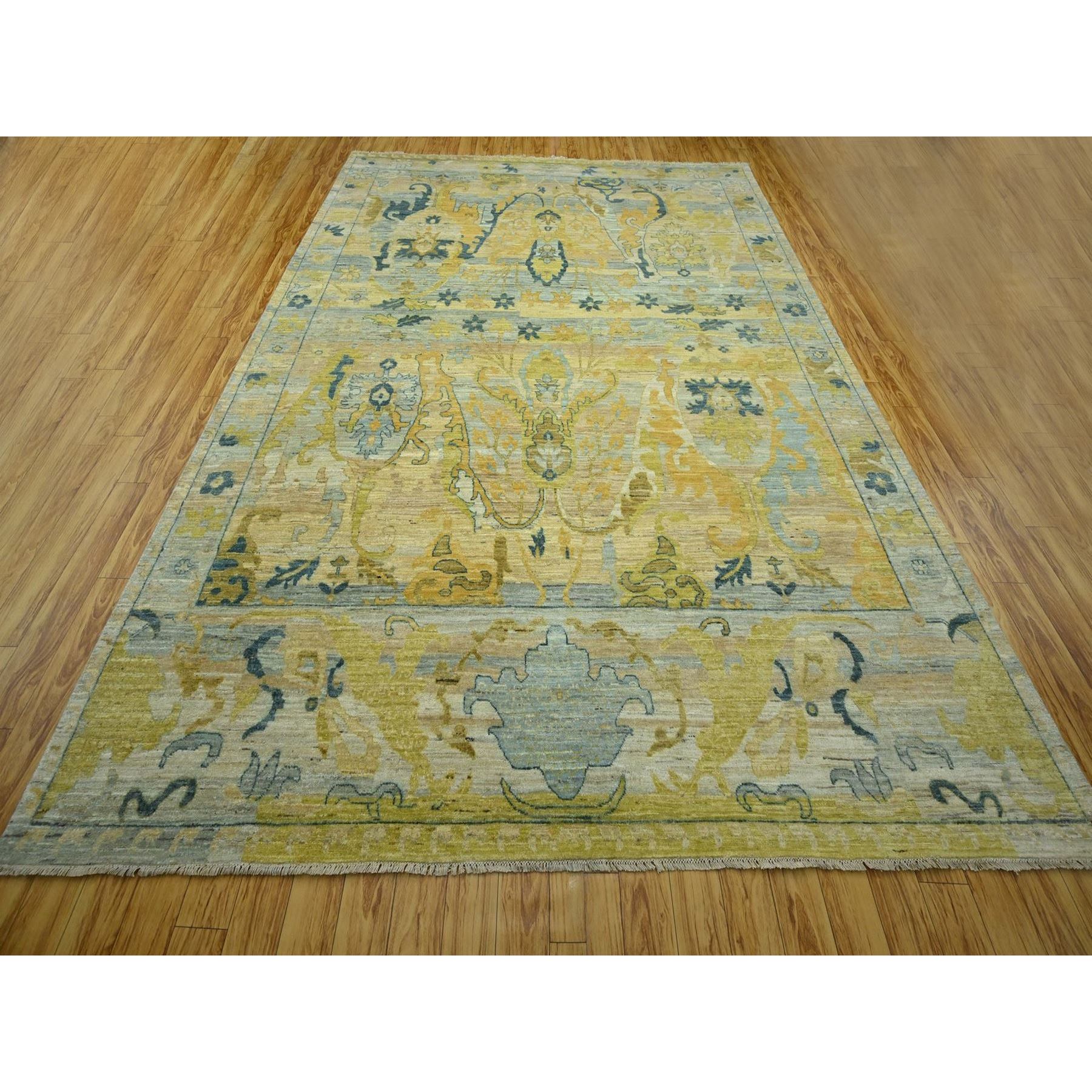 9'1"x12'1" Pastel Gray with Touches of Gold, Antiqued Persian Bijar Garus Design, Distinct Abrash, Hand Knotted, 100% Wool, Vegetable Dyes, Oriental Rug Sh76687