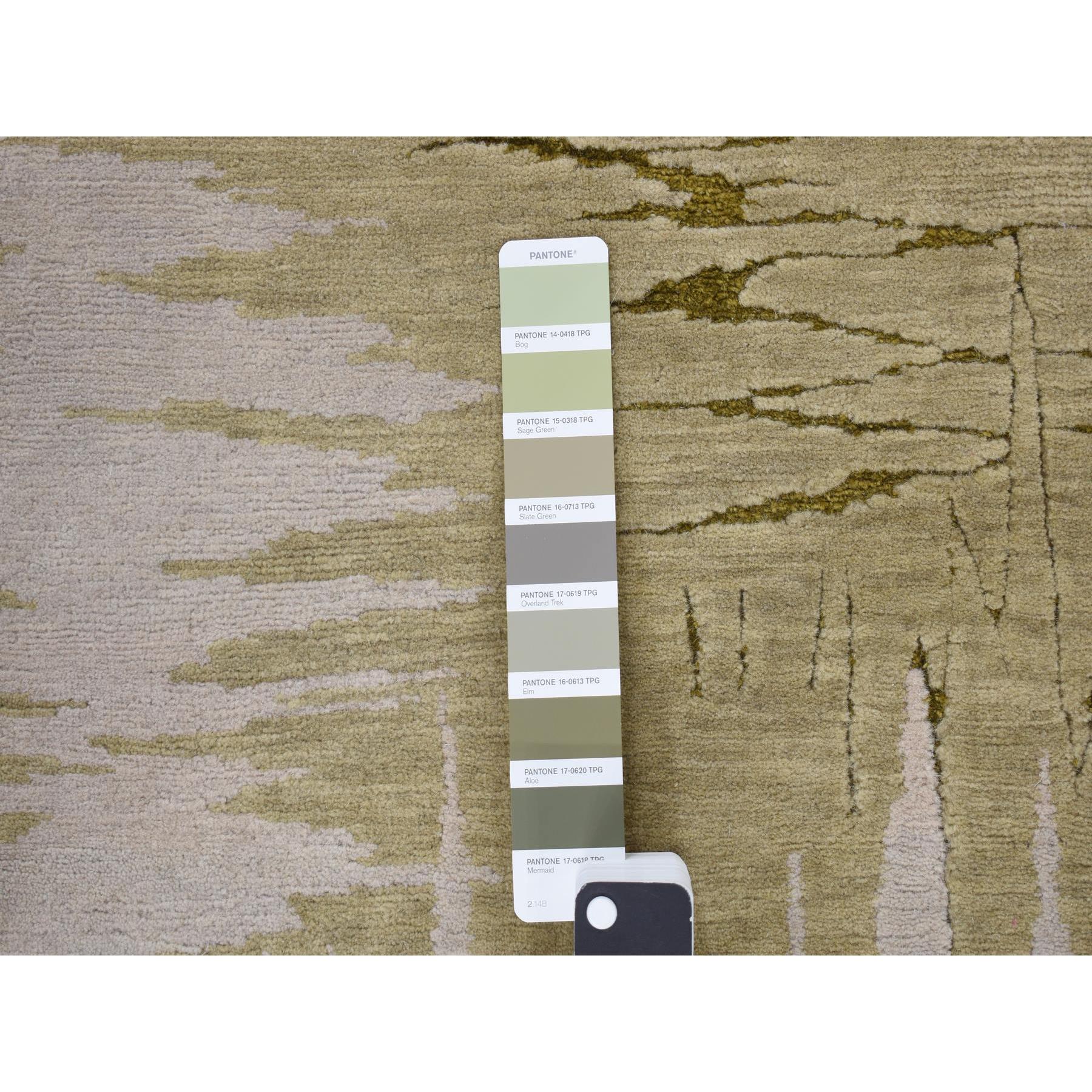 2'x2' Old Moss Green, Modern Stalactite Design, Wool and Silk, Denser Nepali Weave, Hand Knotted, Square Oriental Rug Sh78028