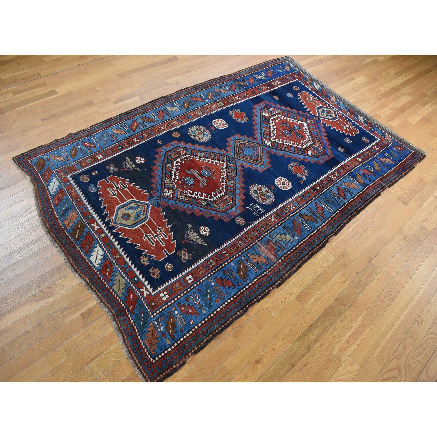 6'2"x9'9" Braves Navy Blue, Antique Caucasian Kazak, 100% Wool, Hand Knotted, Good Condition, Signed and Dated 1929, Clean, Sides and Ends Professionally Secured, Large Runner Oriental Rug Sh78060