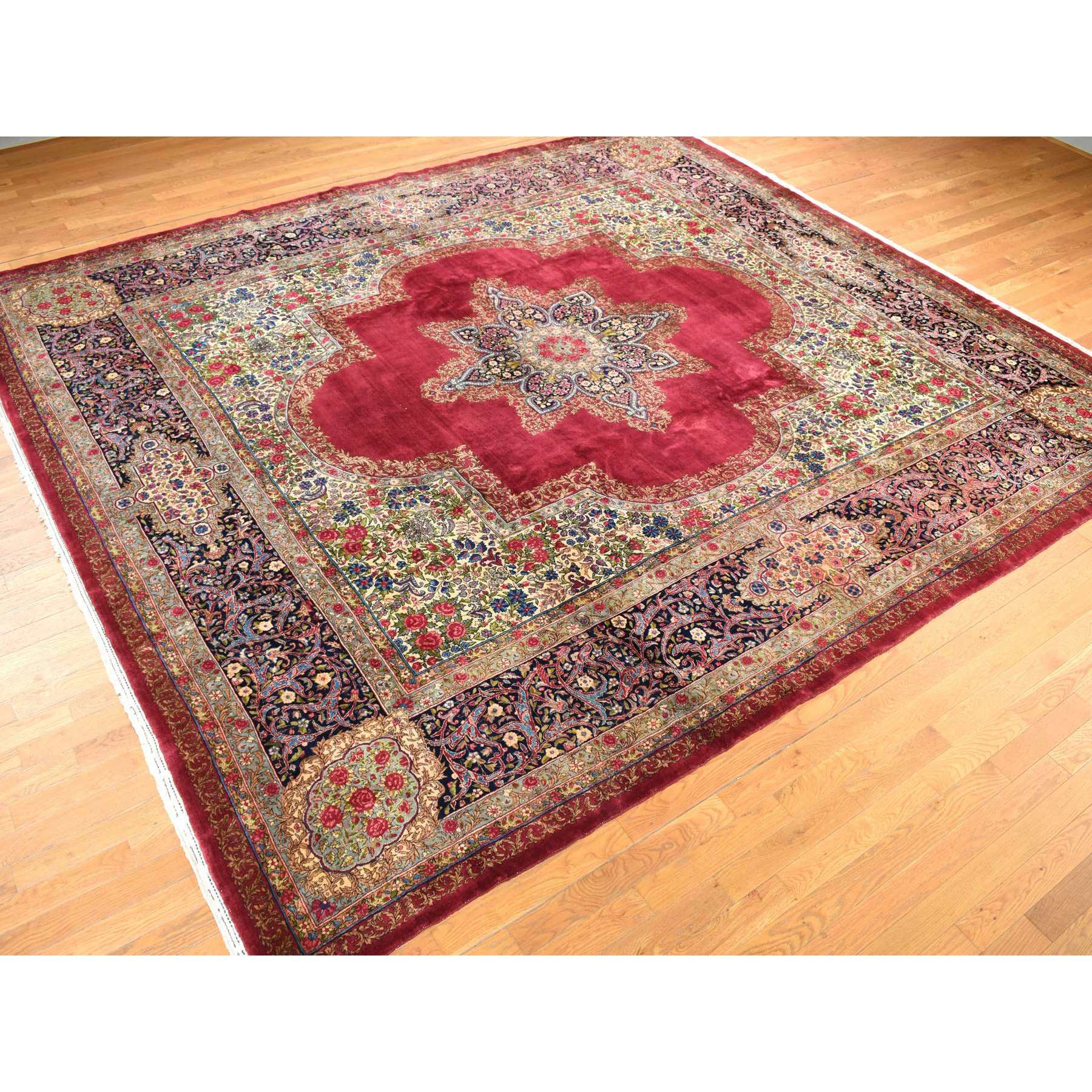 11'8"x13'2" Alabama Crimson Red, Antique Persian Kerman, Open Field Medallion Design, 300 KPSI, Hand Knotted, Pure Wool, Full Pile, Mint Condition, Clean, Squarish Size, Oriental Rug Sh78084