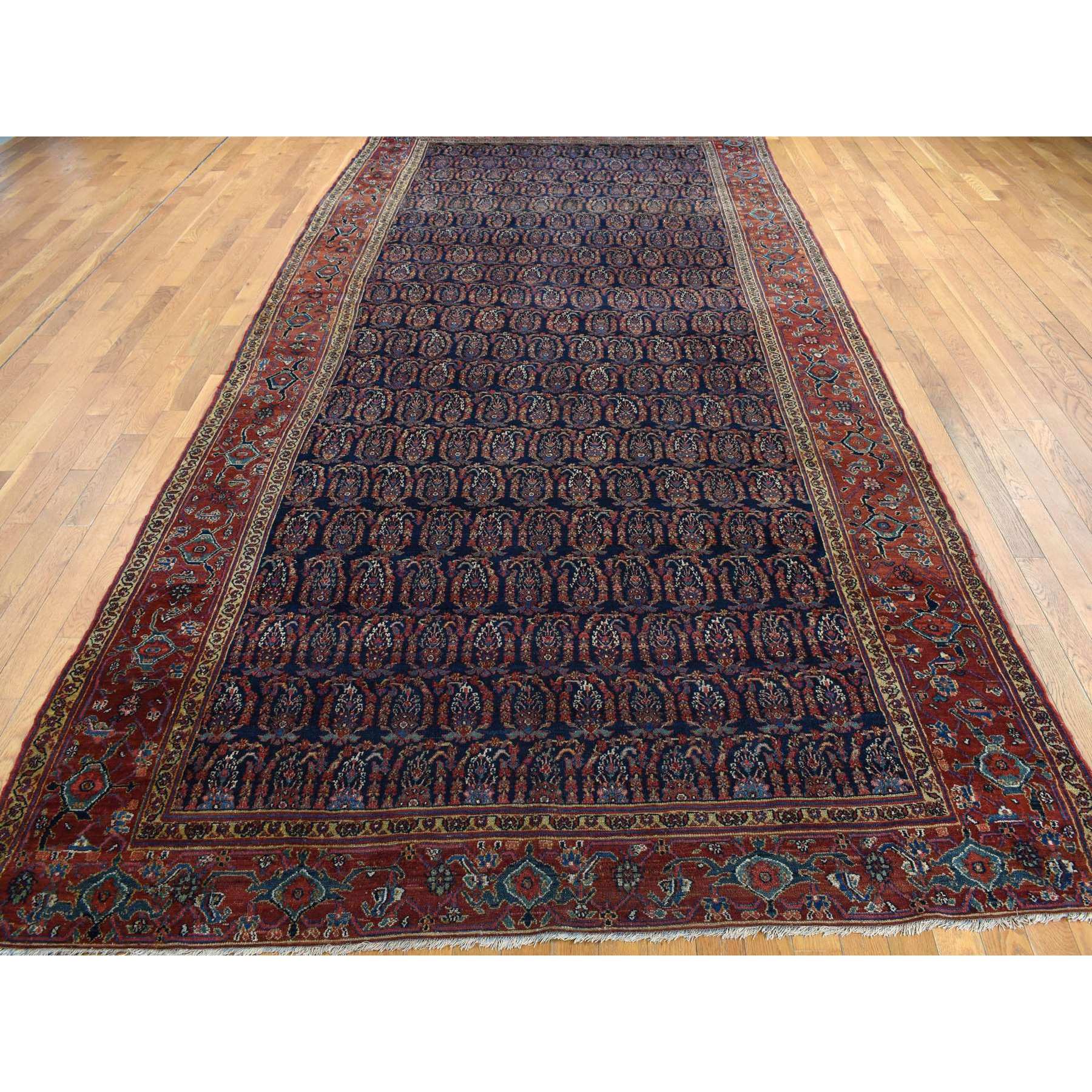 7'1"x16'3" Midnight Blue, Antique Persian Bibikabad, Paisley Repetitive Botteh Design, Hand Knotted, Pure Wool, Even Wear, Cleaned, Sides and Ends Professionally Secured, Gallery Size, Oriental Rug Sh78088