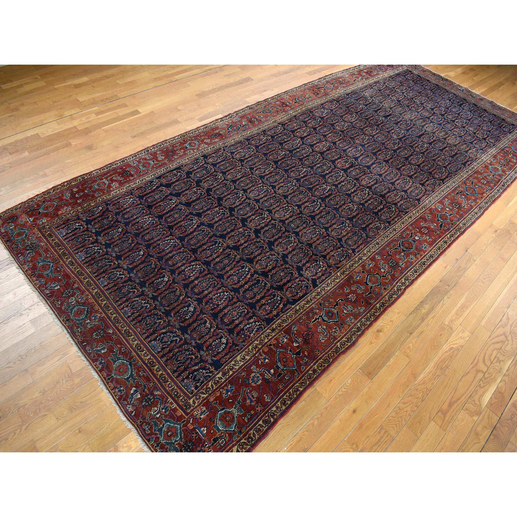 7'1"x16'3" Midnight Blue, Antique Persian Bibikabad, Paisley Repetitive Botteh Design, Hand Knotted, Pure Wool, Even Wear, Cleaned, Sides and Ends Professionally Secured, Gallery Size, Oriental Rug Sh78088