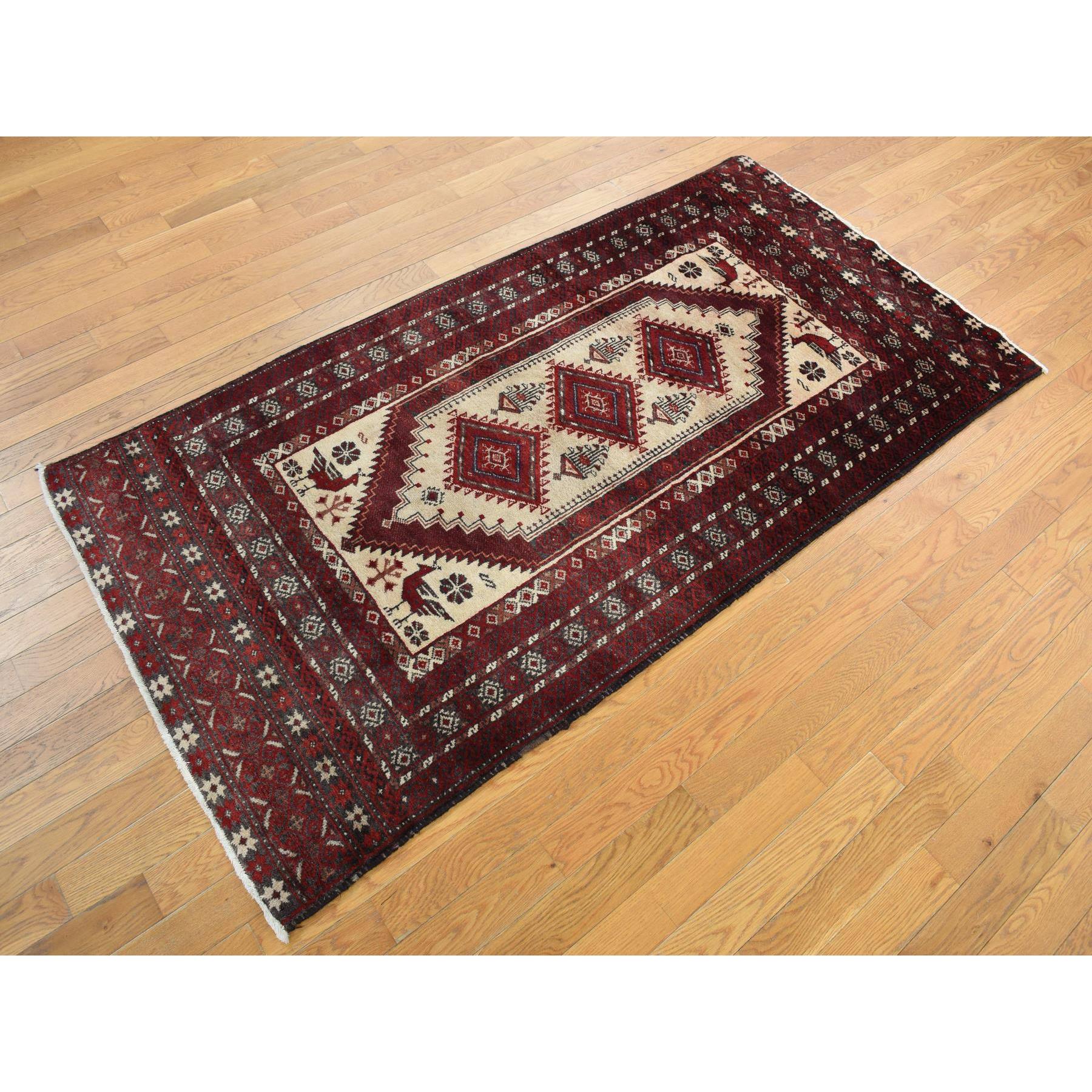 3'7"x7'1" Barn Red, Old Persian Baluch, Geometric and Well Made Featuring a Bird Design, 100% Wool, Hand Knotted, Full Pile and Clean, Oriental Rug Sh78118