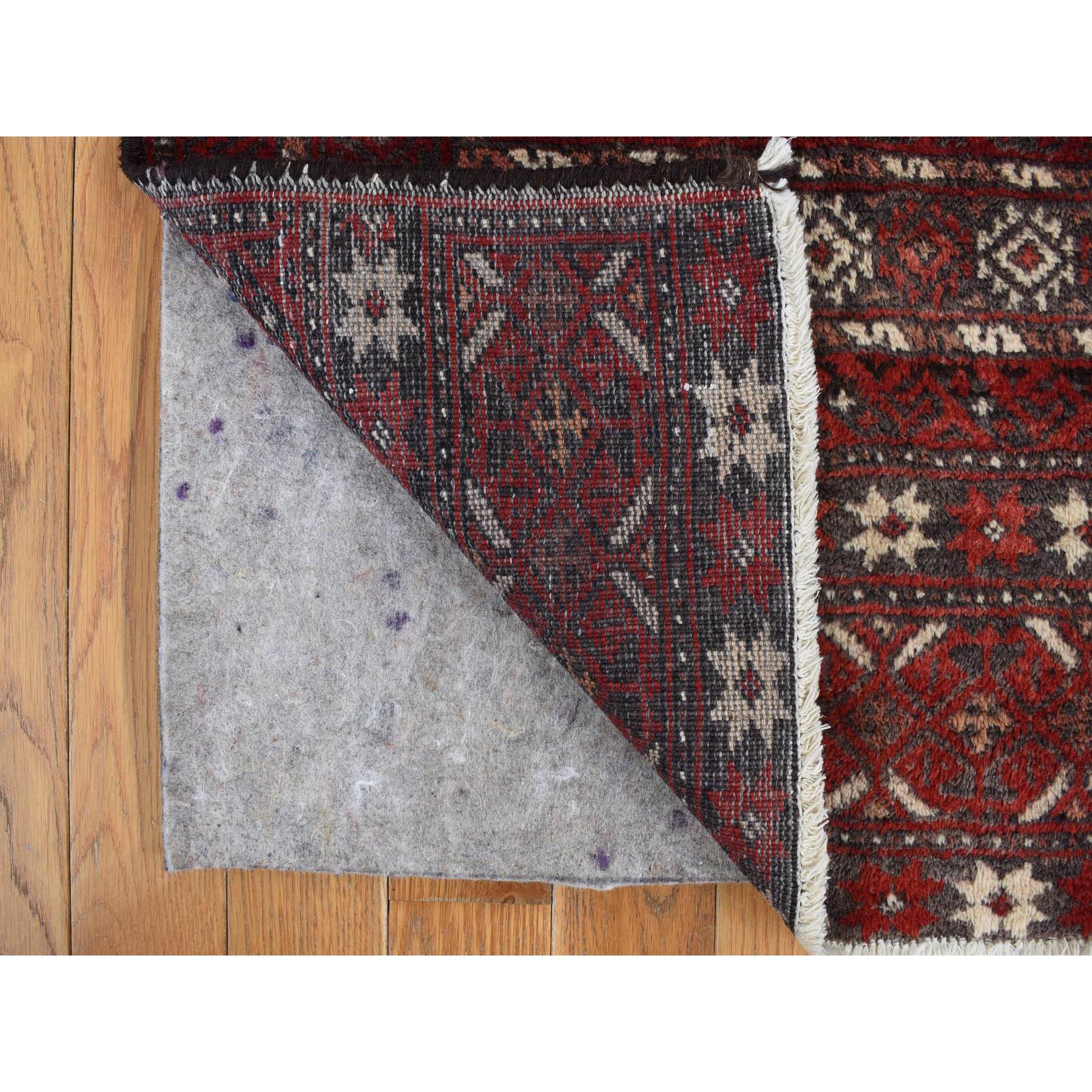 3'7"x7'1" Barn Red, Old Persian Baluch, Geometric and Well Made Featuring a Bird Design, 100% Wool, Hand Knotted, Full Pile and Clean, Oriental Rug Sh78118