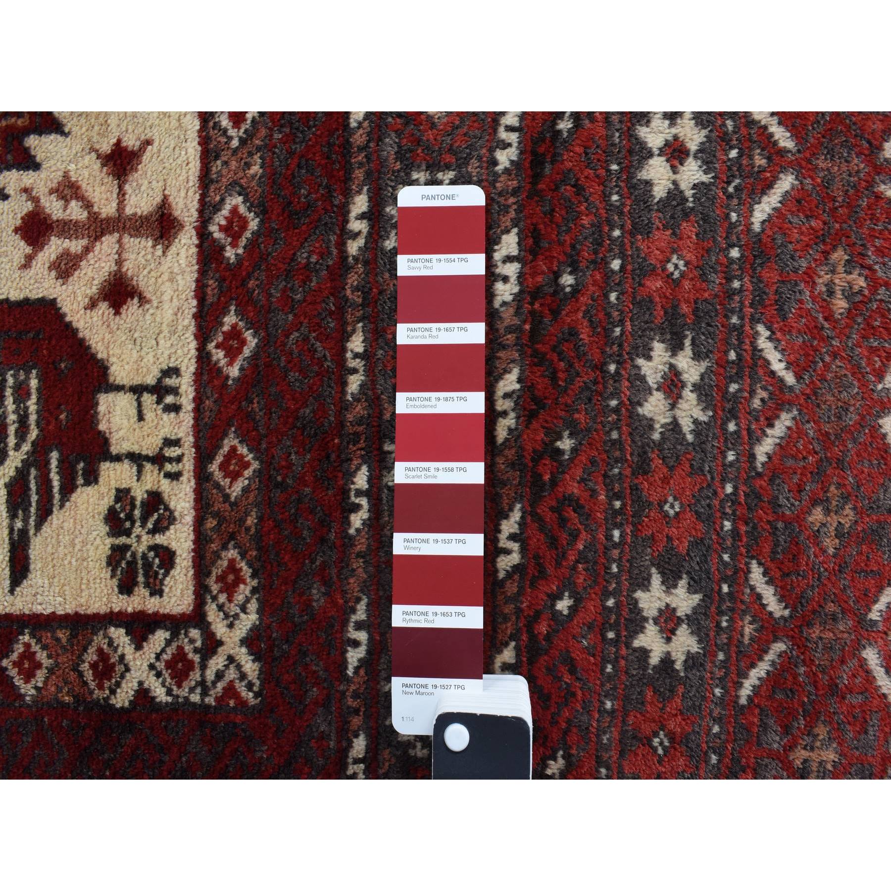 3'7"x7'1" Barn Red, Old Persian Baluch, Geometric and Well Made Featuring a Bird Design, 100% Wool, Hand Knotted, Full Pile and Clean, Oriental Rug Sh78118