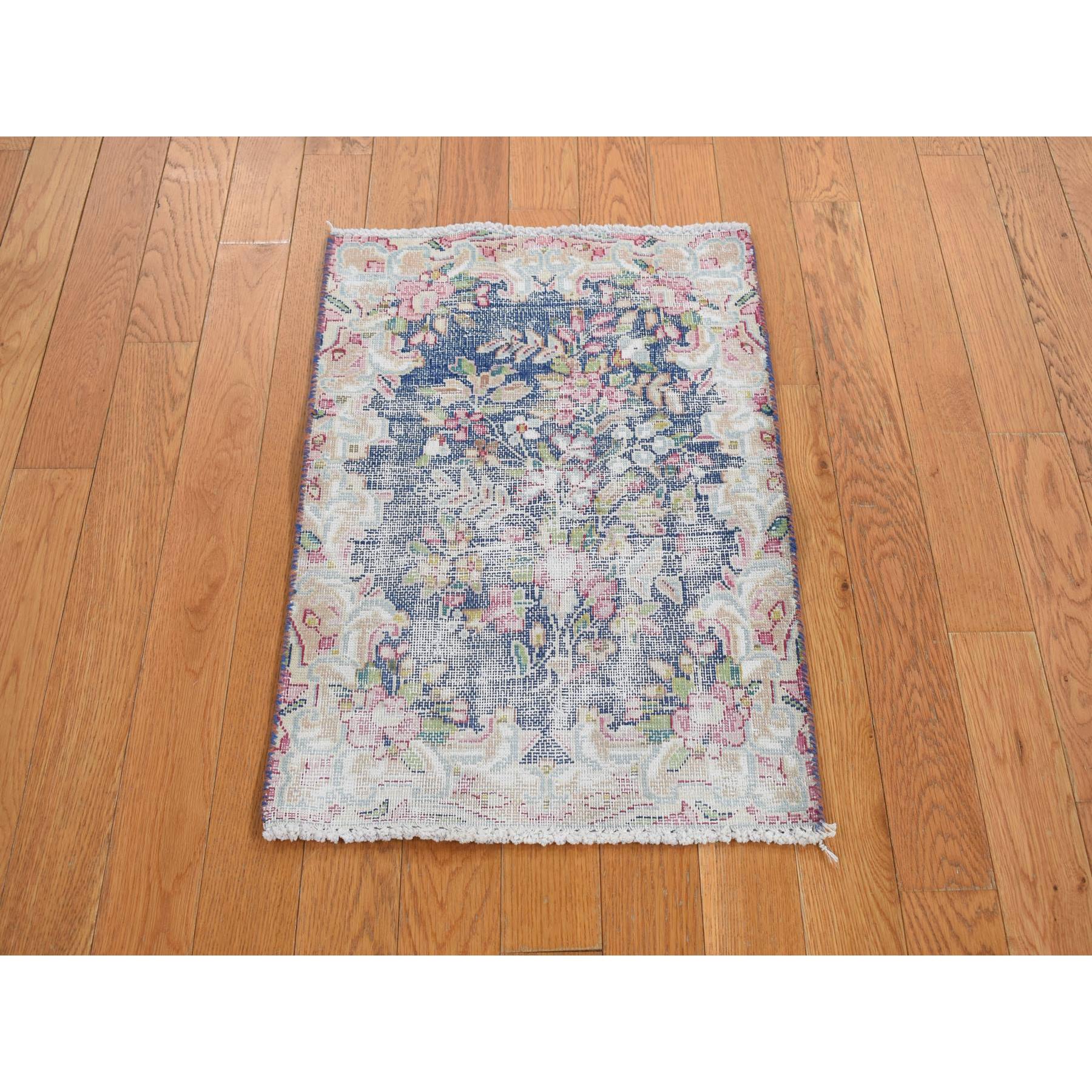 1'7"x2'2" Berry Blue, Vintage Persian Kerman with All Over Leaf Design, Worn Down, Distressed, Hand Knotted, Pure Wool, Mat, Oriental Rug Sh78120