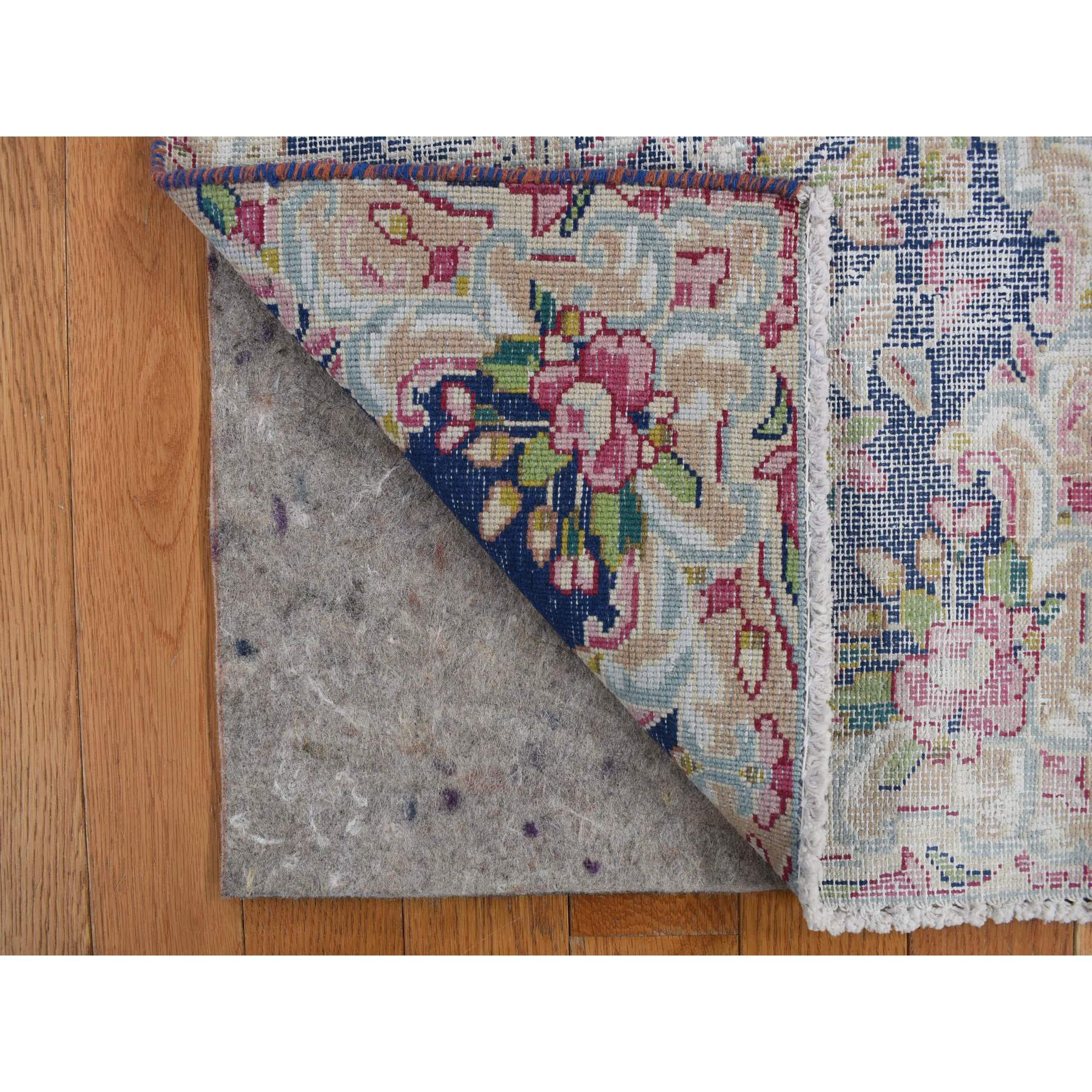 1'7"x2'2" Berry Blue, Vintage Persian Kerman with All Over Leaf Design, Worn Down, Distressed, Hand Knotted, Pure Wool, Mat, Oriental Rug Sh78120