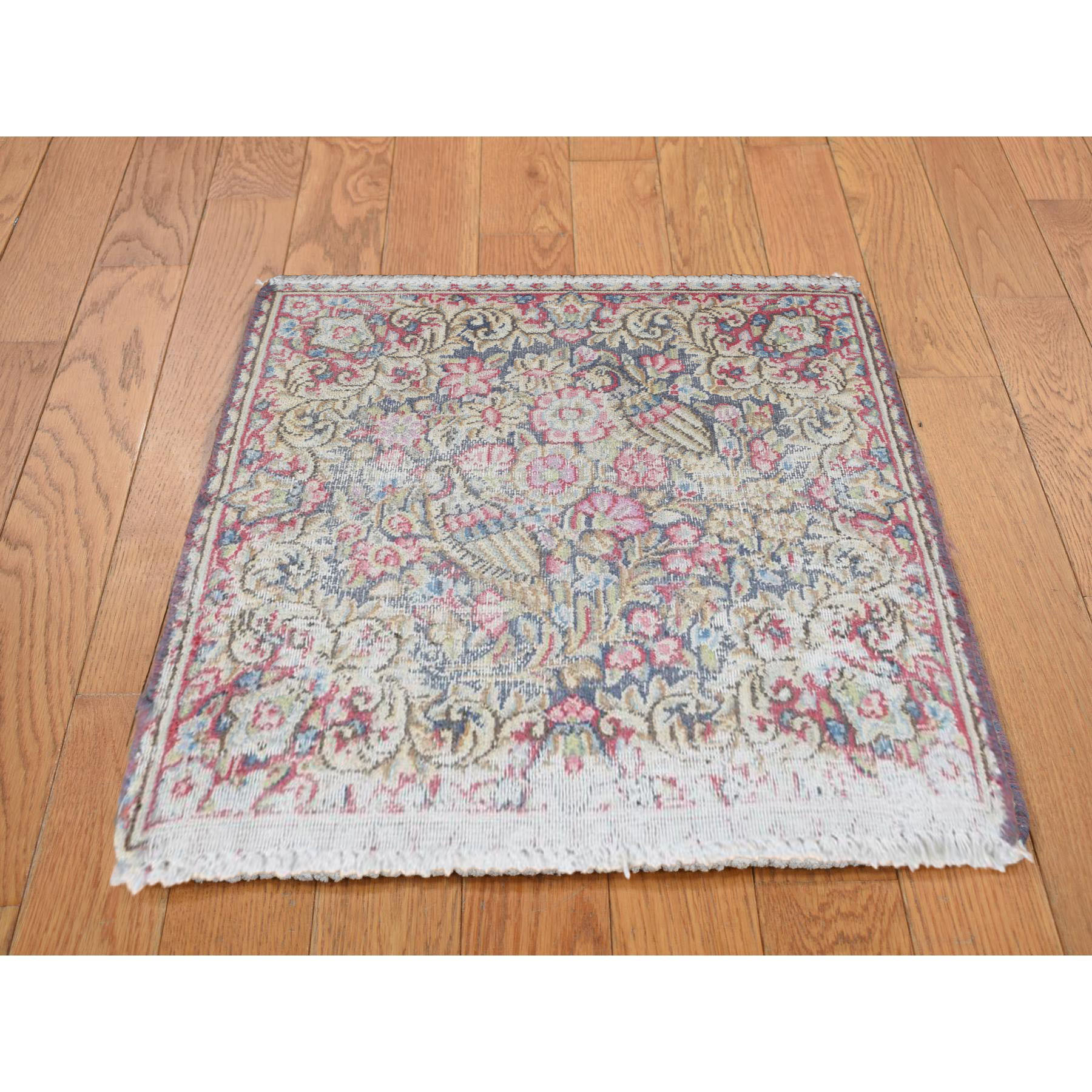 1'9"x1'9" Indigo Blue, Vintage Persian Kerman with Flowers and Birds Design, Worn Down, Distressed, Pure Wool, Hand Knotted, Square, Oriental Rug Sh78124