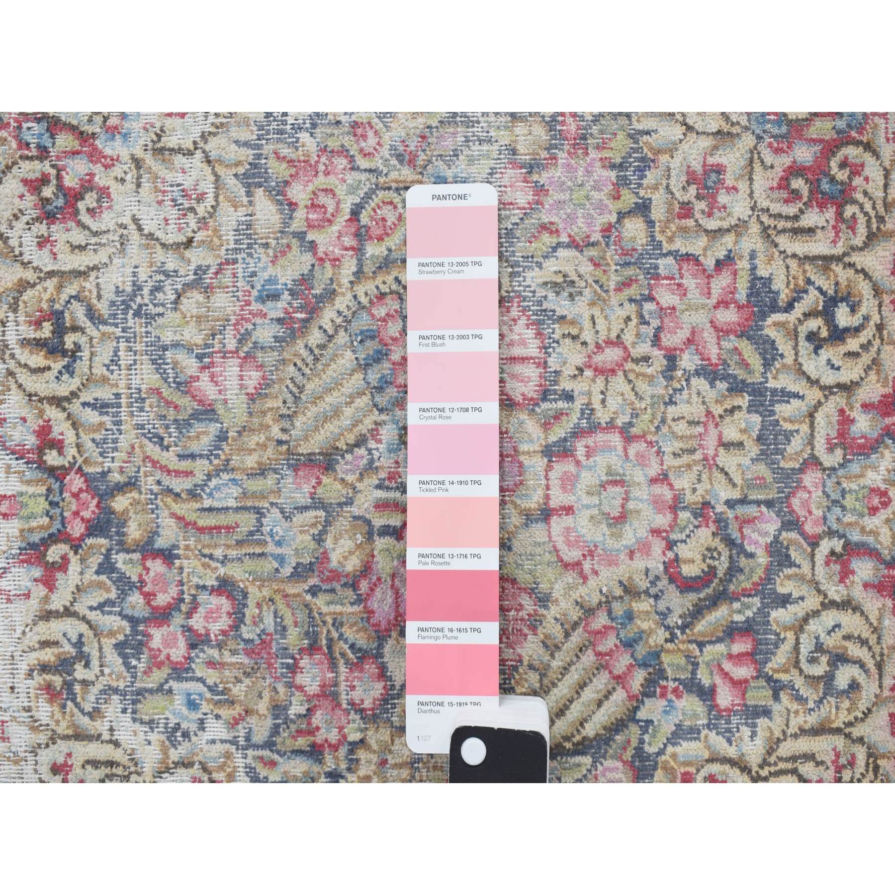 1'9"x1'9" Indigo Blue, Vintage Persian Kerman with Flowers and Birds Design, Worn Down, Distressed, Pure Wool, Hand Knotted, Square, Oriental Rug Sh78124