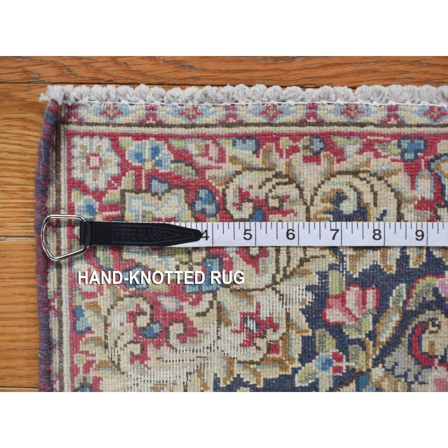 1'9"x1'9" Indigo Blue, Vintage Persian Kerman with Flowers and Birds Design, Worn Down, Distressed, Pure Wool, Hand Knotted, Square, Oriental Rug Sh78124