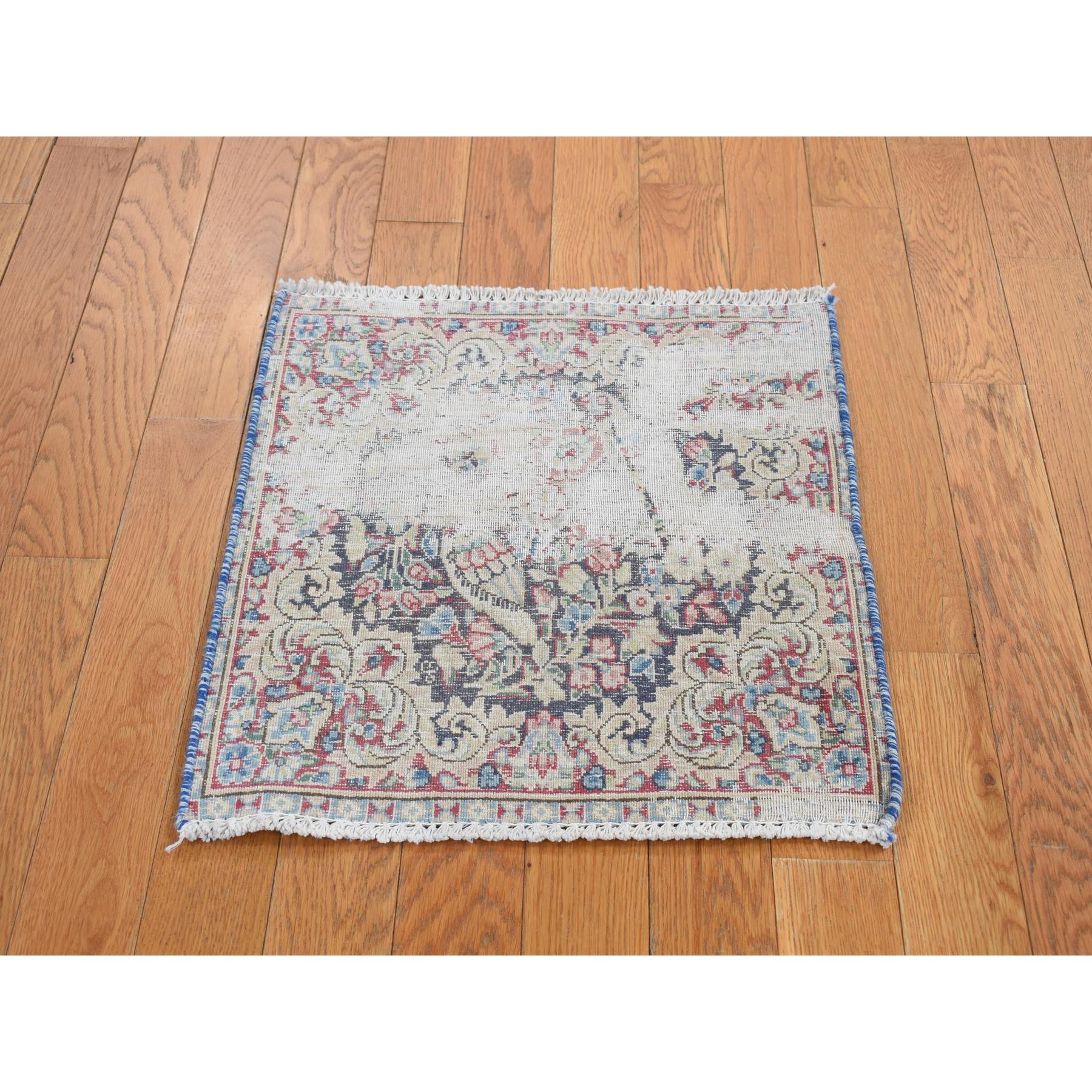 1'8"x1'8" Midnight Blue, Vintage and Worn Persian Kerman with Faded Bird Figurines, Floral Pattern, Distressed, Abrash, Hand Knotted, Pure Wool, Oriental, Square Rug Sh78125