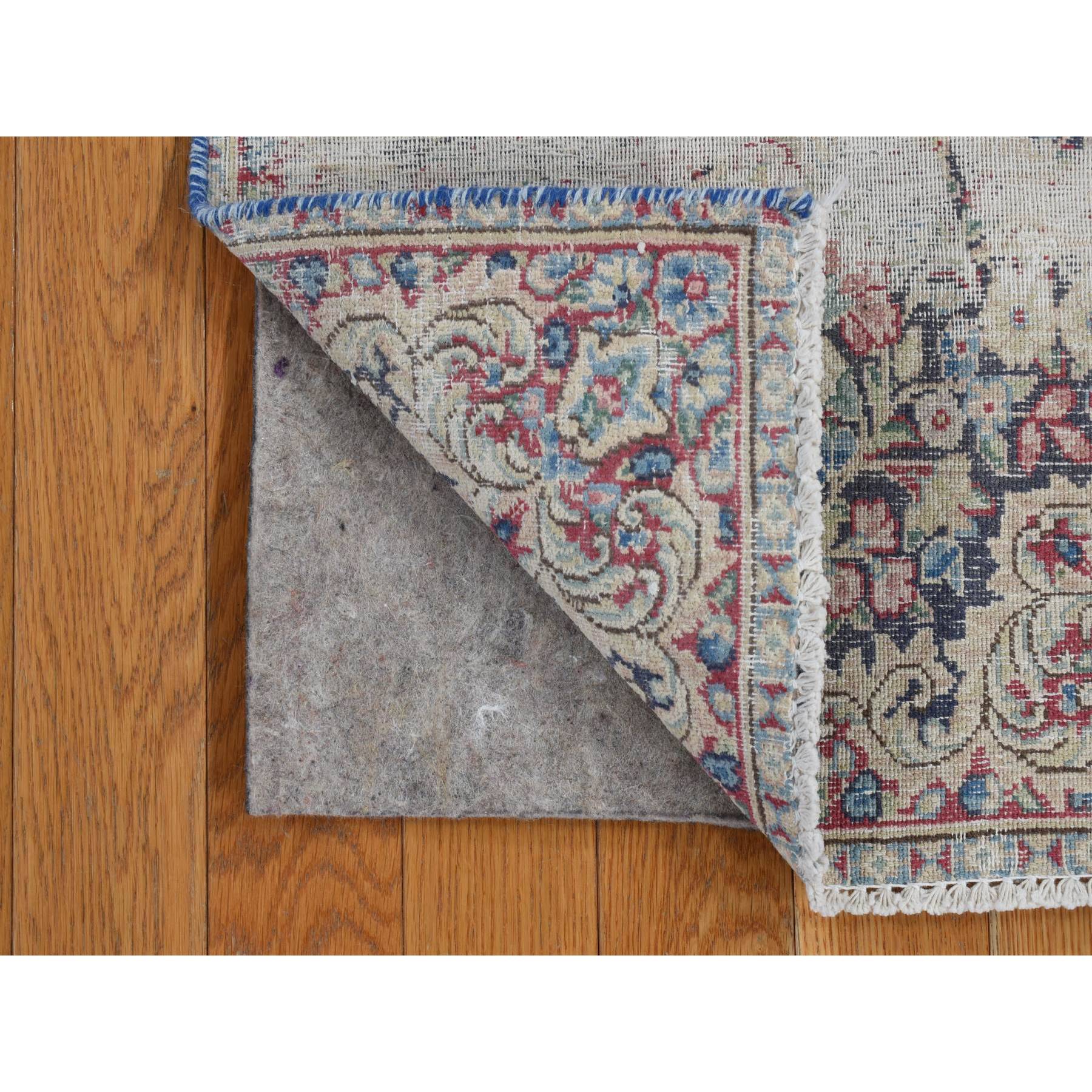 1'8"x1'8" Midnight Blue, Vintage and Worn Persian Kerman with Faded Bird Figurines, Floral Pattern, Distressed, Abrash, Hand Knotted, Pure Wool, Oriental, Square Rug Sh78125