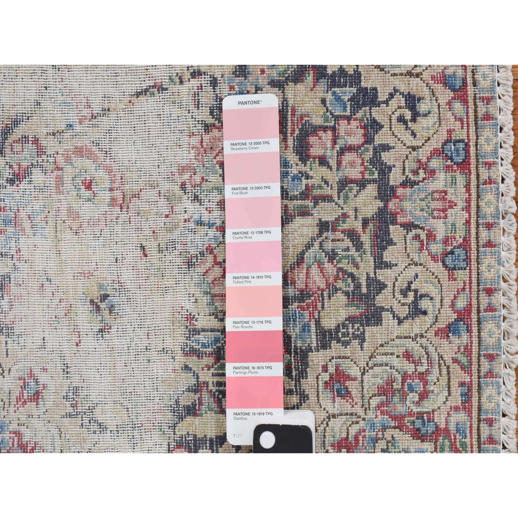 1'8"x1'8" Midnight Blue, Vintage and Worn Persian Kerman with Faded Bird Figurines, Floral Pattern, Distressed, Abrash, Hand Knotted, Pure Wool, Oriental, Square Rug Sh78125