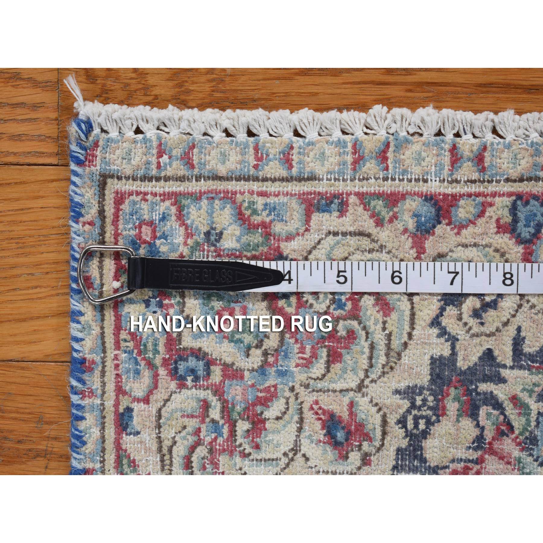 1'8"x1'8" Midnight Blue, Vintage and Worn Persian Kerman with Faded Bird Figurines, Floral Pattern, Distressed, Abrash, Hand Knotted, Pure Wool, Oriental, Square Rug Sh78125
