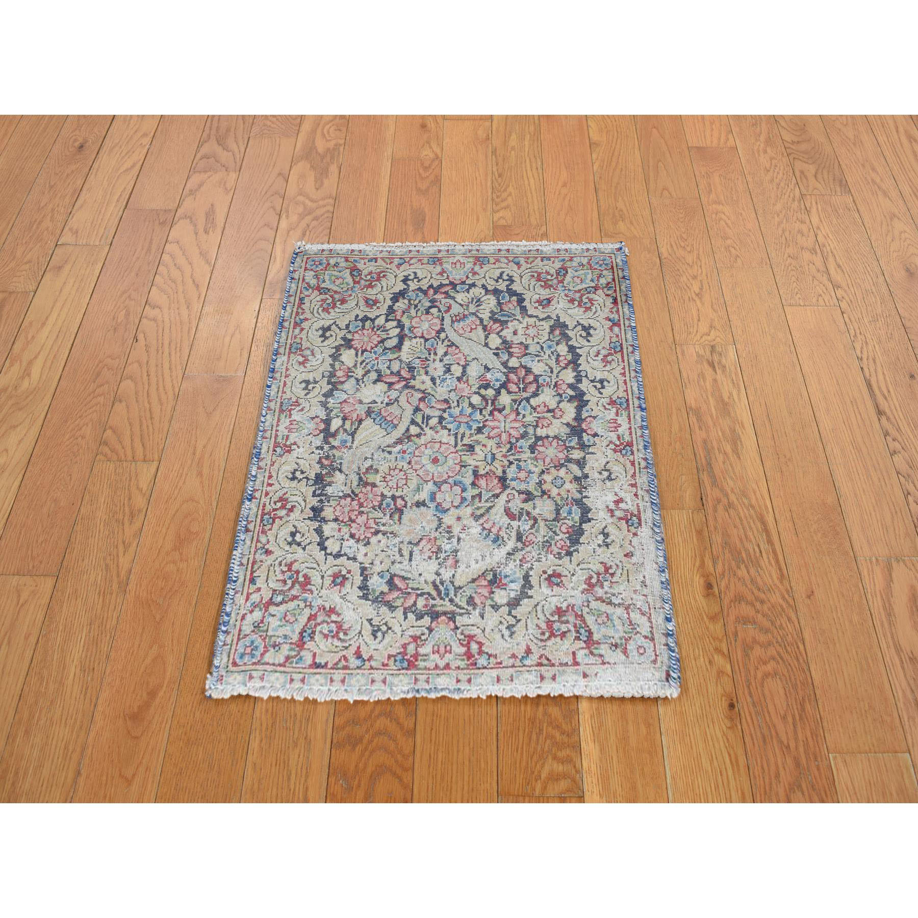 1'7"x2'2" Indigo Blue, Vintage Persian Kerman with Birds and Flowers Design, Worn Down, Distressed, Hand Knotted, Pure Wool, Mat, Oriental Rug Sh78126
