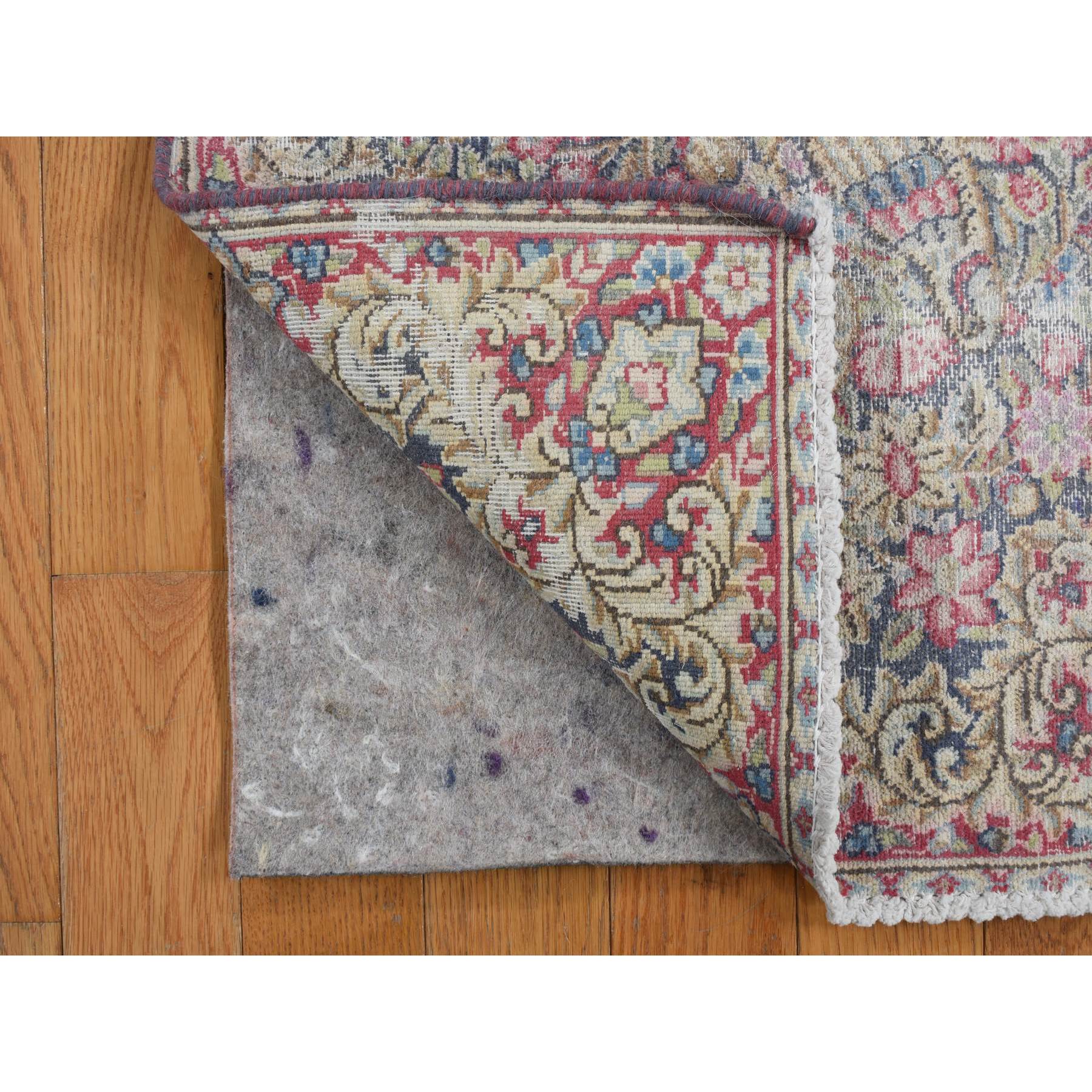 1'7"x2'2" Indigo Blue, Vintage Persian Kerman with Birds and Flowers Design, Worn Down, Distressed, Hand Knotted, Pure Wool, Mat, Oriental Rug Sh78126