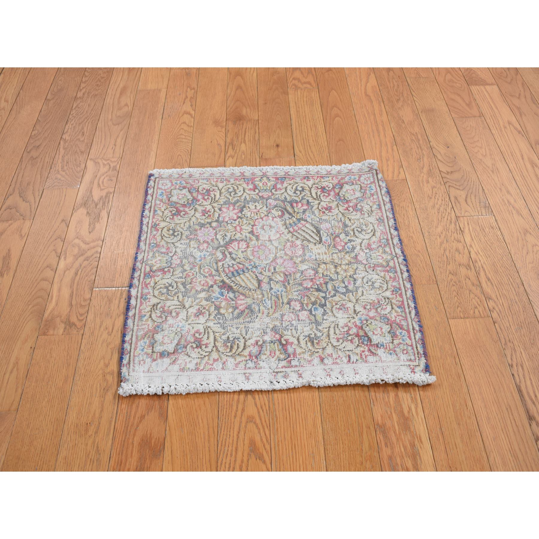1'9"x1'9" Spruce Blue, Vintage Persian Kerman with Birds and Flower Design, Worn Down, Distressed, Hand Knotted, Pure Wool, Square, Oriental Rug Sh78127