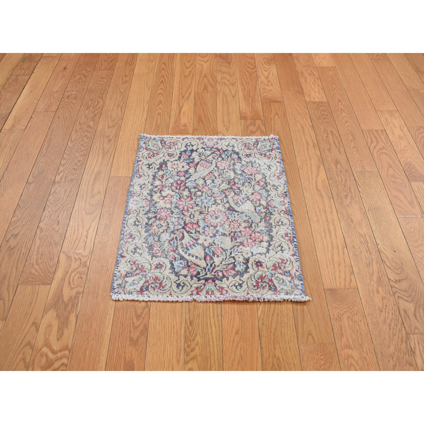 1'6"x2' Denim Blue, Pure Wool, Vintage and Worn Persian Kerman with Bird Figurines, Floral Pattern, Distressed, Hand Knotted, Mat, Oriental Rug Sh78128
