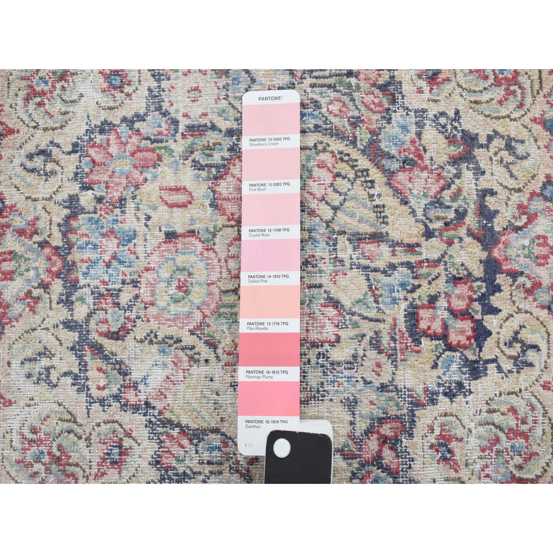 1'6"x2' Denim Blue, Pure Wool, Vintage and Worn Persian Kerman with Bird Figurines, Floral Pattern, Distressed, Hand Knotted, Mat, Oriental Rug Sh78128