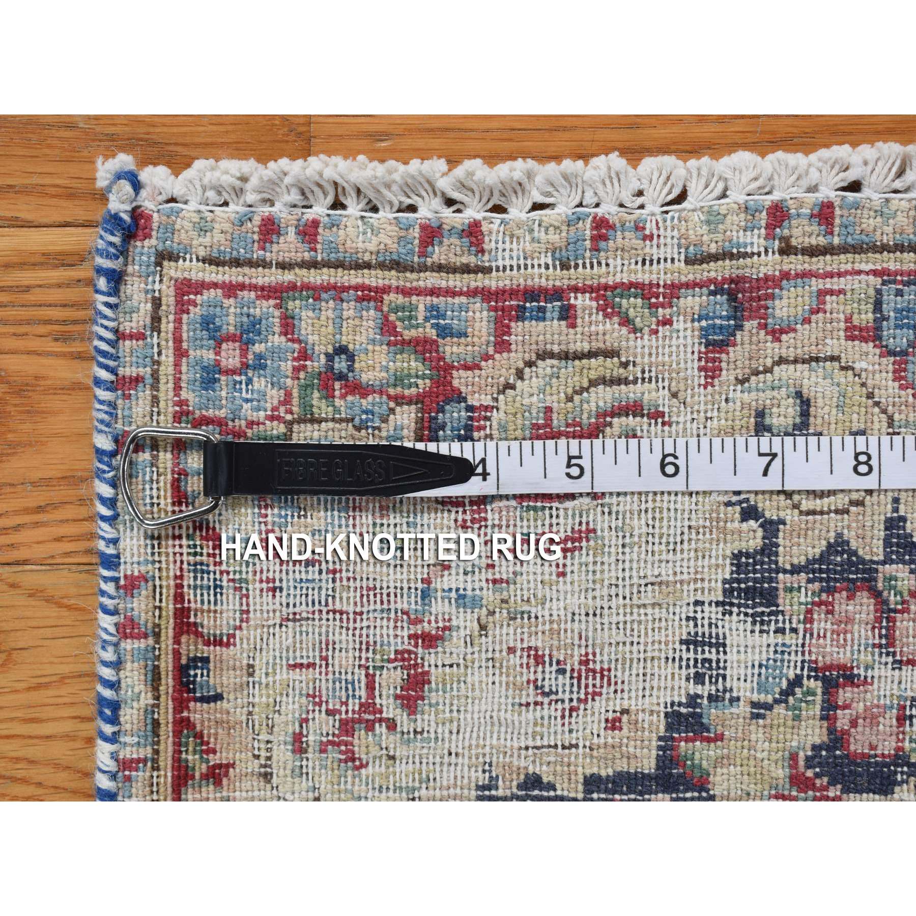 1'6"x2' Denim Blue, Pure Wool, Vintage and Worn Persian Kerman with Bird Figurines, Floral Pattern, Distressed, Hand Knotted, Mat, Oriental Rug Sh78128