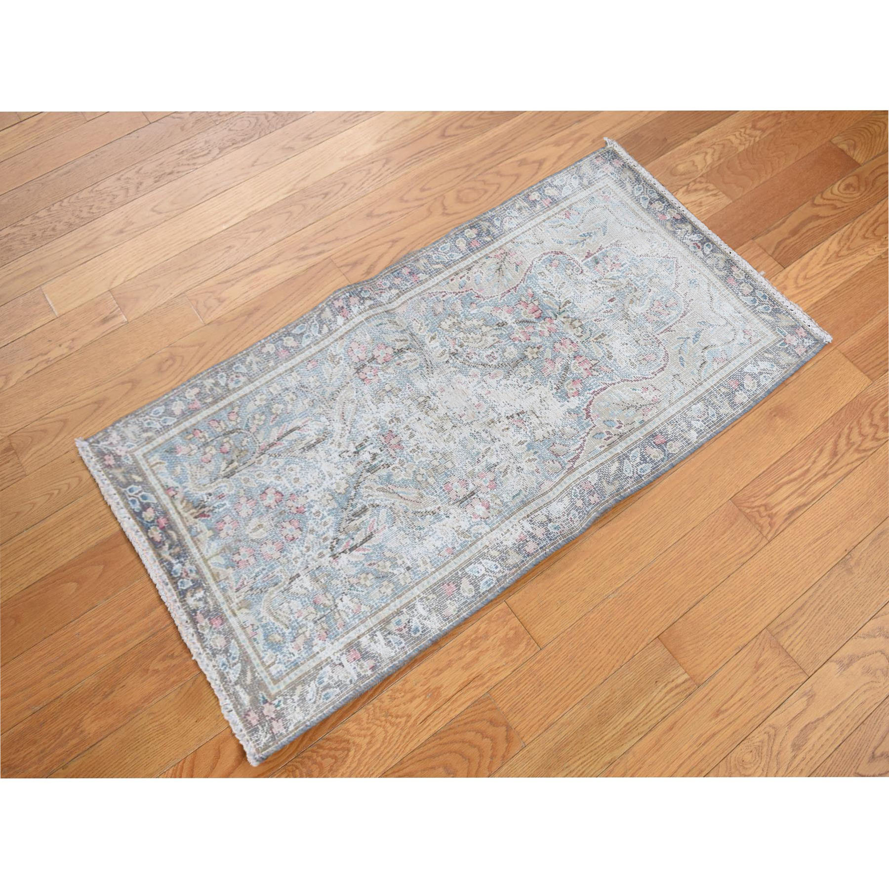 1'10"x3'7" Stone Blue, Worn Down, Vintage Persian Kerman with Bird Figurines and Floral Pattern, Hand Knotted, Pure Wool, Abrash, Distressed, Mat, Oriental Rug Sh78134