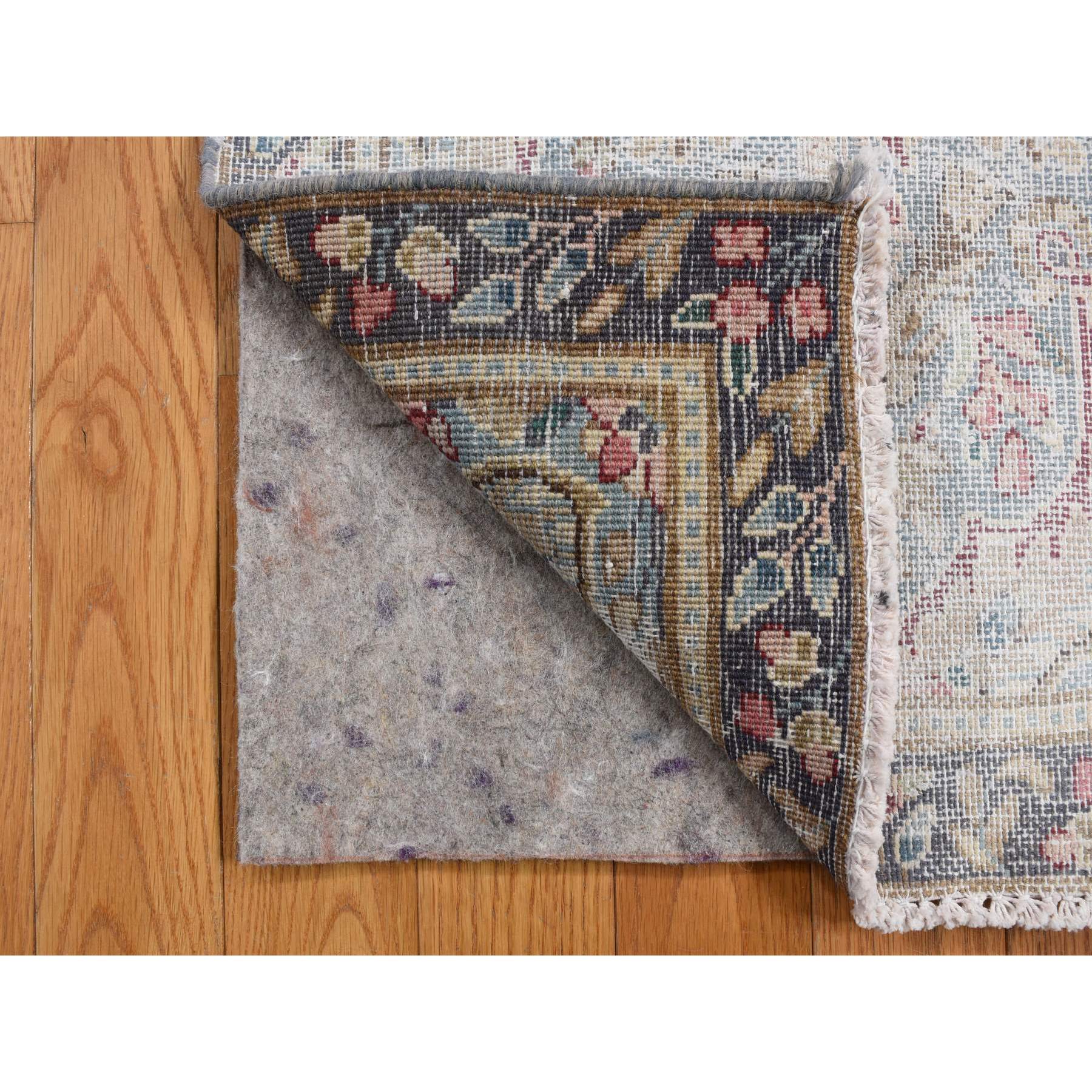 1'10"x3'7" Stone Blue, Worn Down, Vintage Persian Kerman with Bird Figurines and Floral Pattern, Hand Knotted, Pure Wool, Abrash, Distressed, Mat, Oriental Rug Sh78134