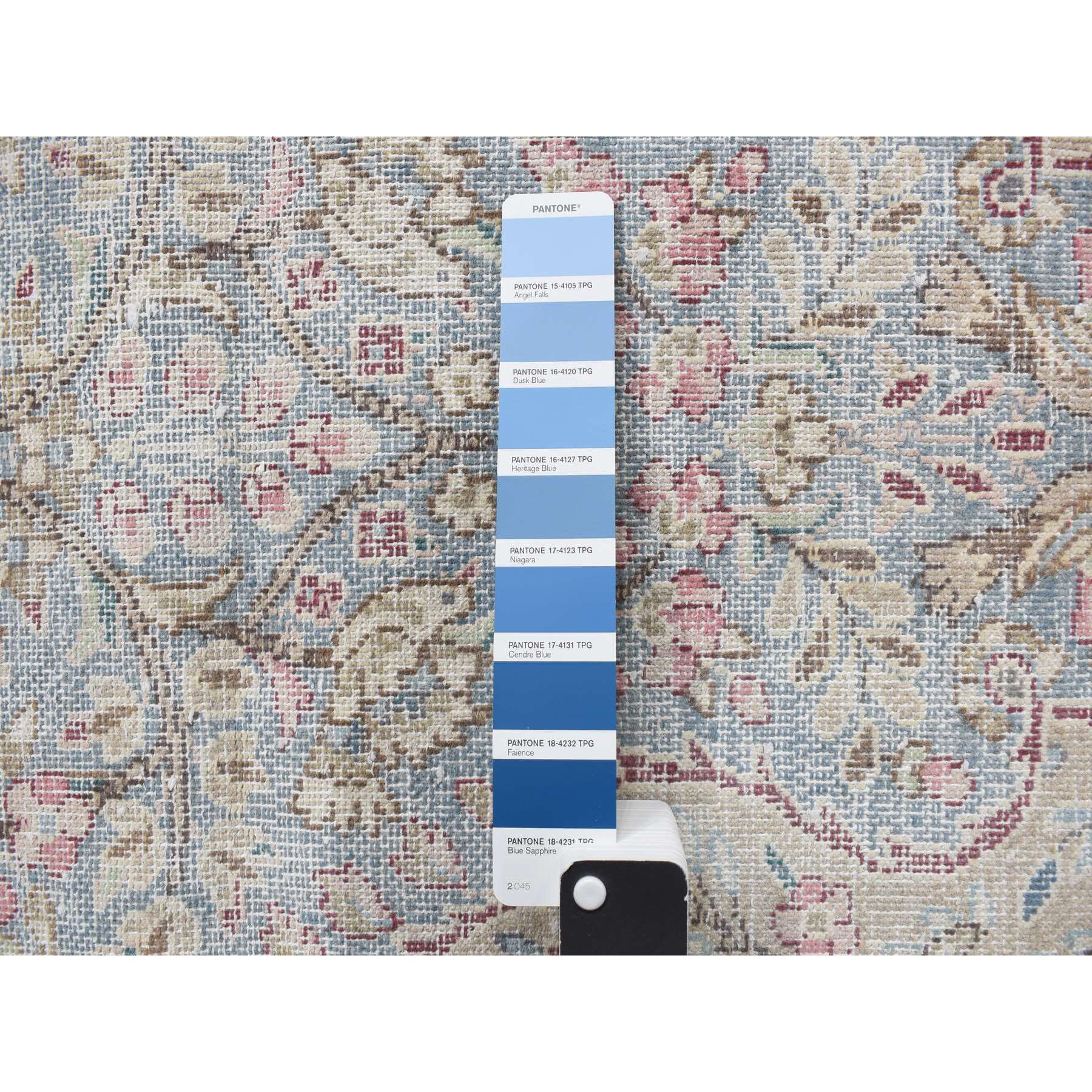 1'10"x3'7" Stone Blue, Worn Down, Vintage Persian Kerman with Bird Figurines and Floral Pattern, Hand Knotted, Pure Wool, Abrash, Distressed, Mat, Oriental Rug Sh78134