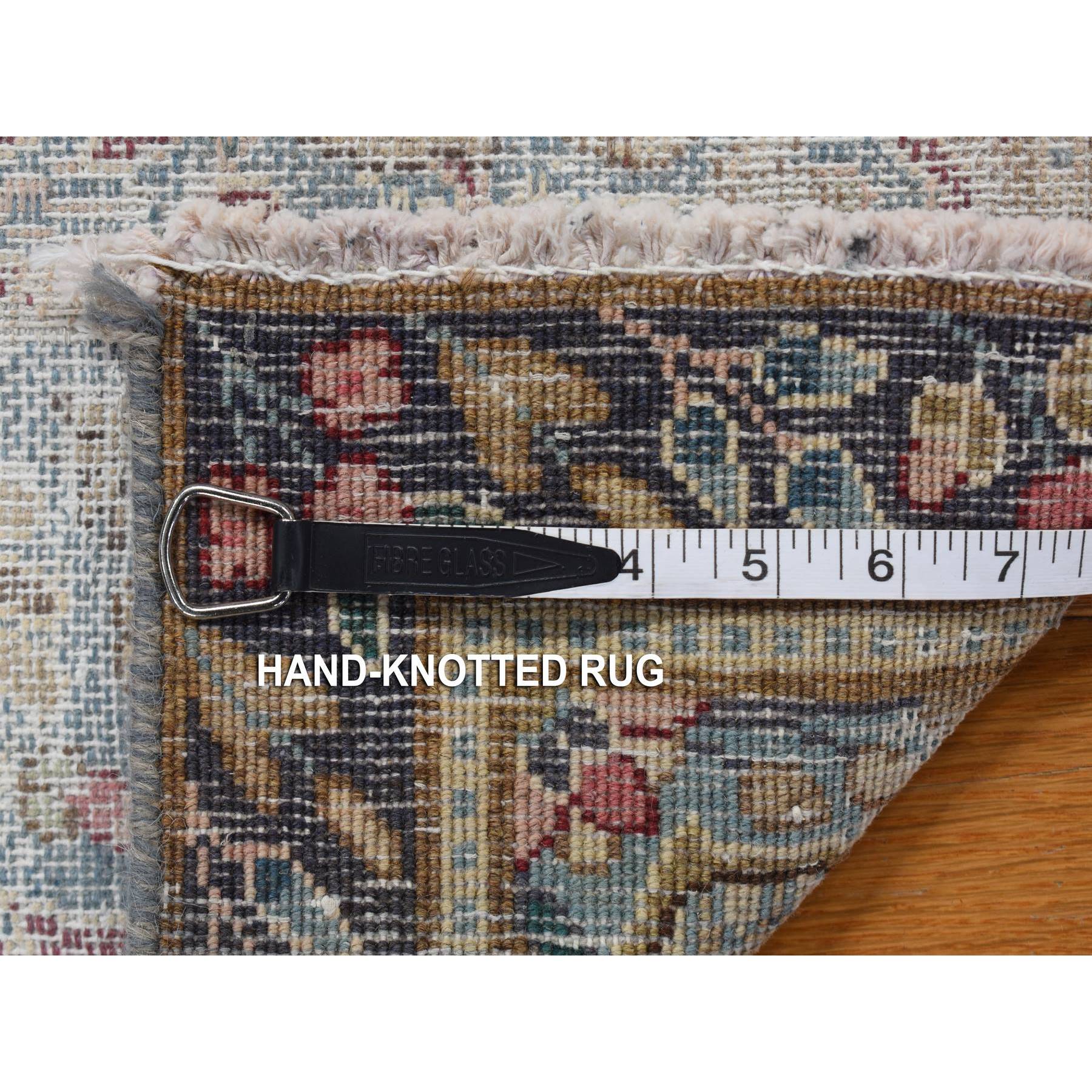 1'10"x3'7" Stone Blue, Worn Down, Vintage Persian Kerman with Bird Figurines and Floral Pattern, Hand Knotted, Pure Wool, Abrash, Distressed, Mat, Oriental Rug Sh78134