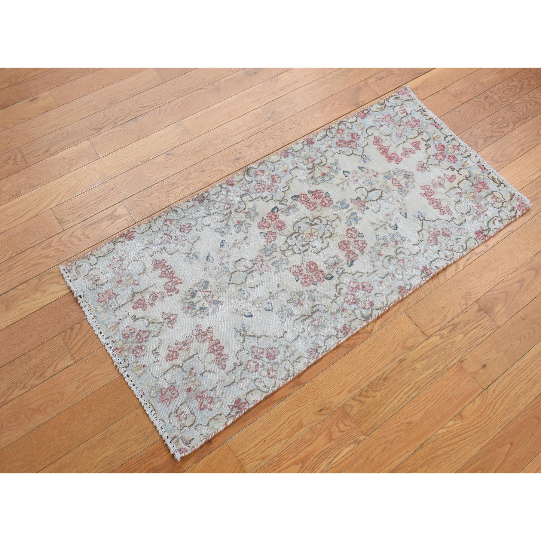 1'9"x3'10" Bone White, Vintage Persian Kerman with Floral Pattern, Worn and Distressed, Hand Knotted, Pure Wool, Oriental Rug Sh78137