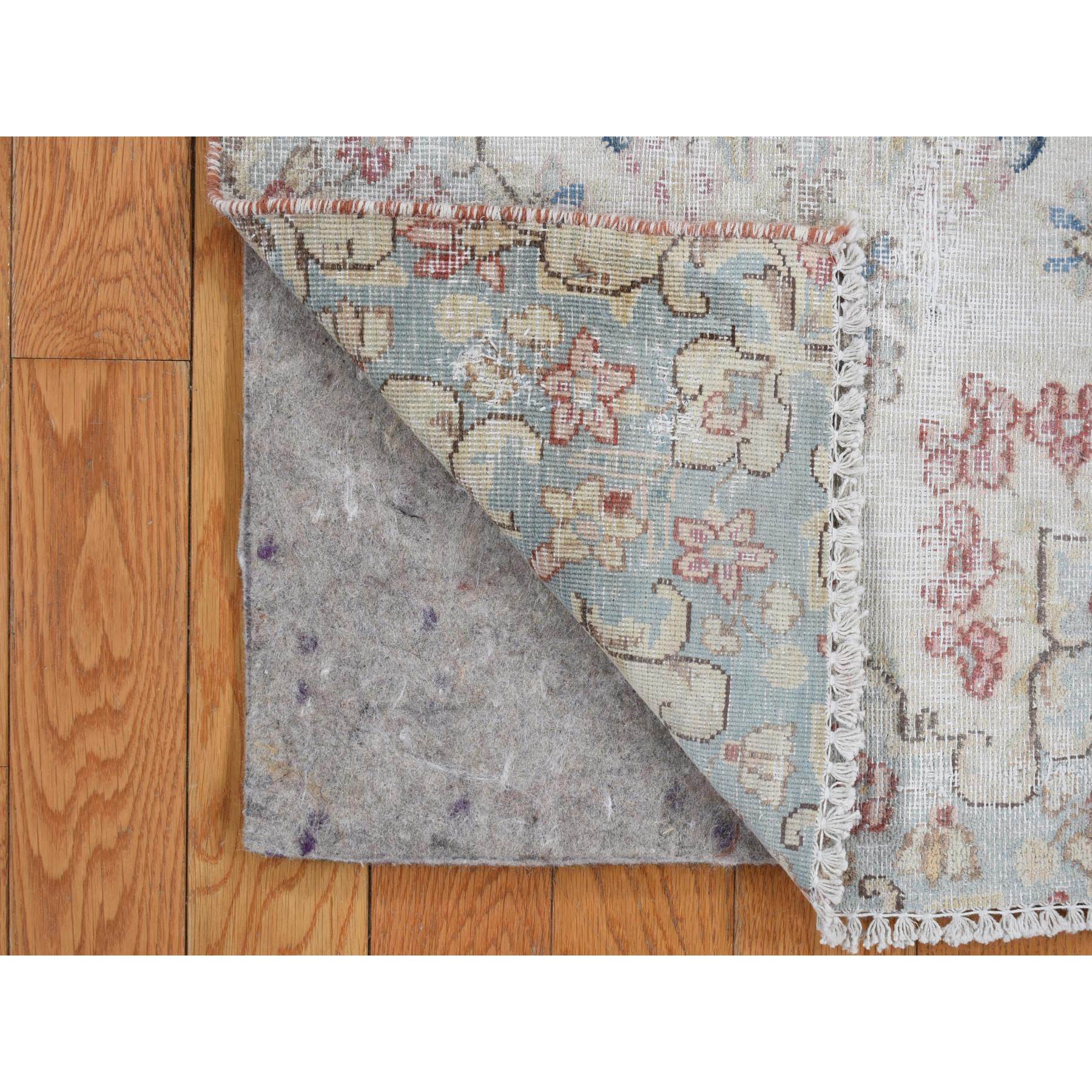 1'9"x3'10" Bone White, Vintage Persian Kerman with Floral Pattern, Worn and Distressed, Hand Knotted, Pure Wool, Oriental Rug Sh78137