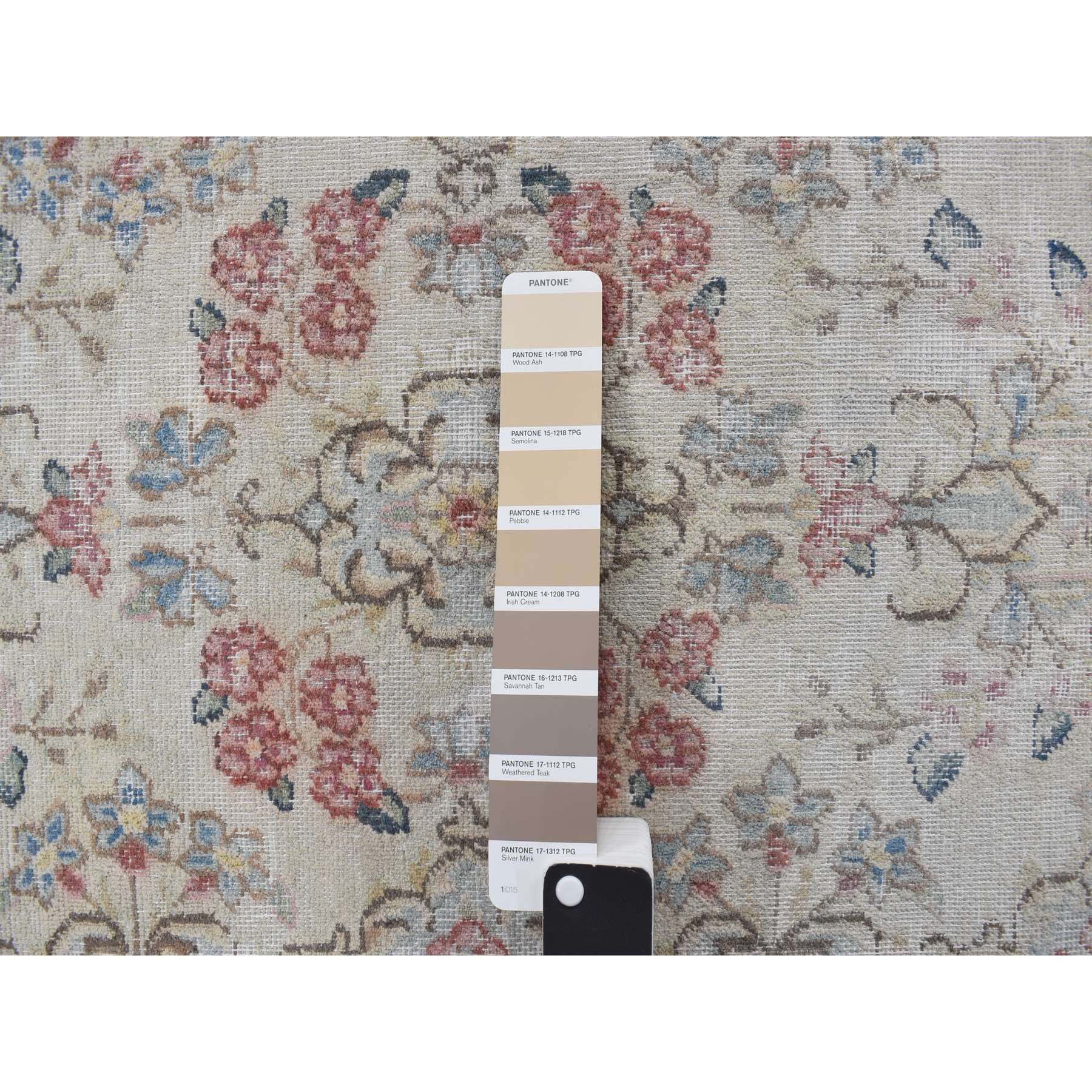 1'9"x3'10" Bone White, Vintage Persian Kerman with Floral Pattern, Worn and Distressed, Hand Knotted, Pure Wool, Oriental Rug Sh78137