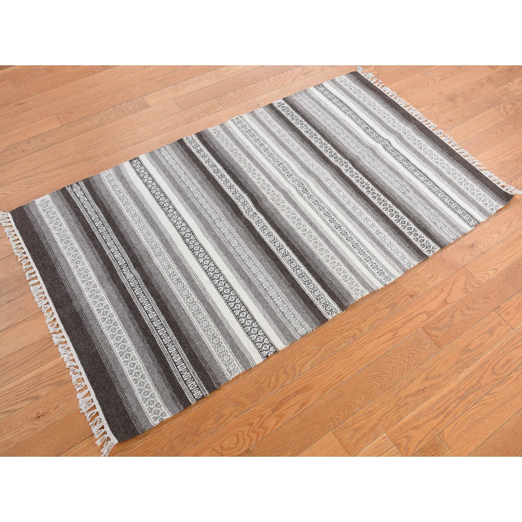 3'x5'2" Battleship Gray, Striped Reversible Kilim, Hand Woven, Flat Weave, Oriental Rug Sh78143
