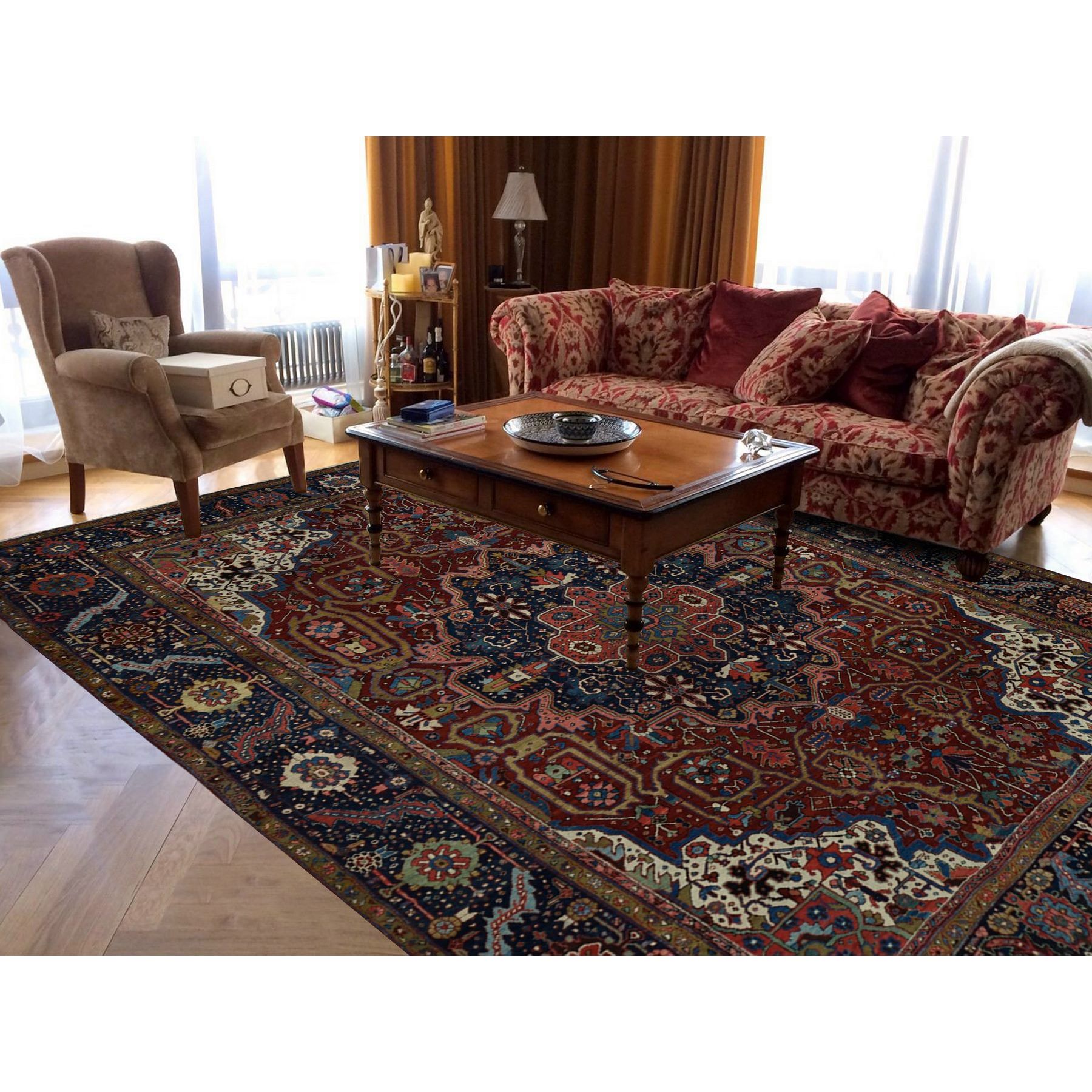 8'3"x11'9" Emboldened Red With Berlin Blue, Antique Persian Heriz in Excellent Condition, Clean, Even Pile and Soft, Extra Soft Wool, Sides and Ends Professionally Secured, Hand Knotted Oriental Rug Sh78162