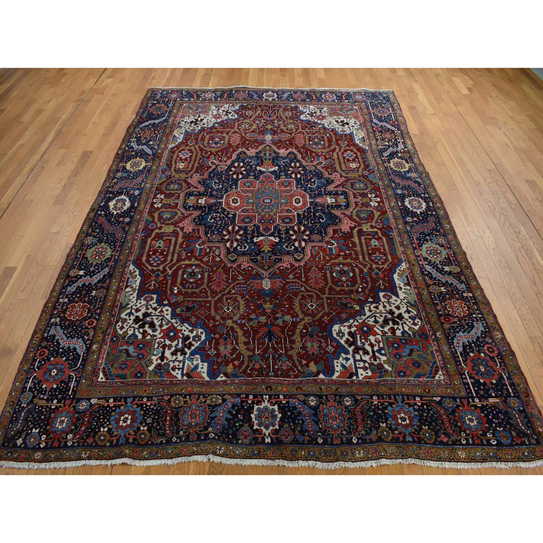 8'3"x11'9" Emboldened Red With Berlin Blue, Antique Persian Heriz in Excellent Condition, Clean, Even Pile and Soft, Extra Soft Wool, Sides and Ends Professionally Secured, Hand Knotted Oriental Rug Sh78162