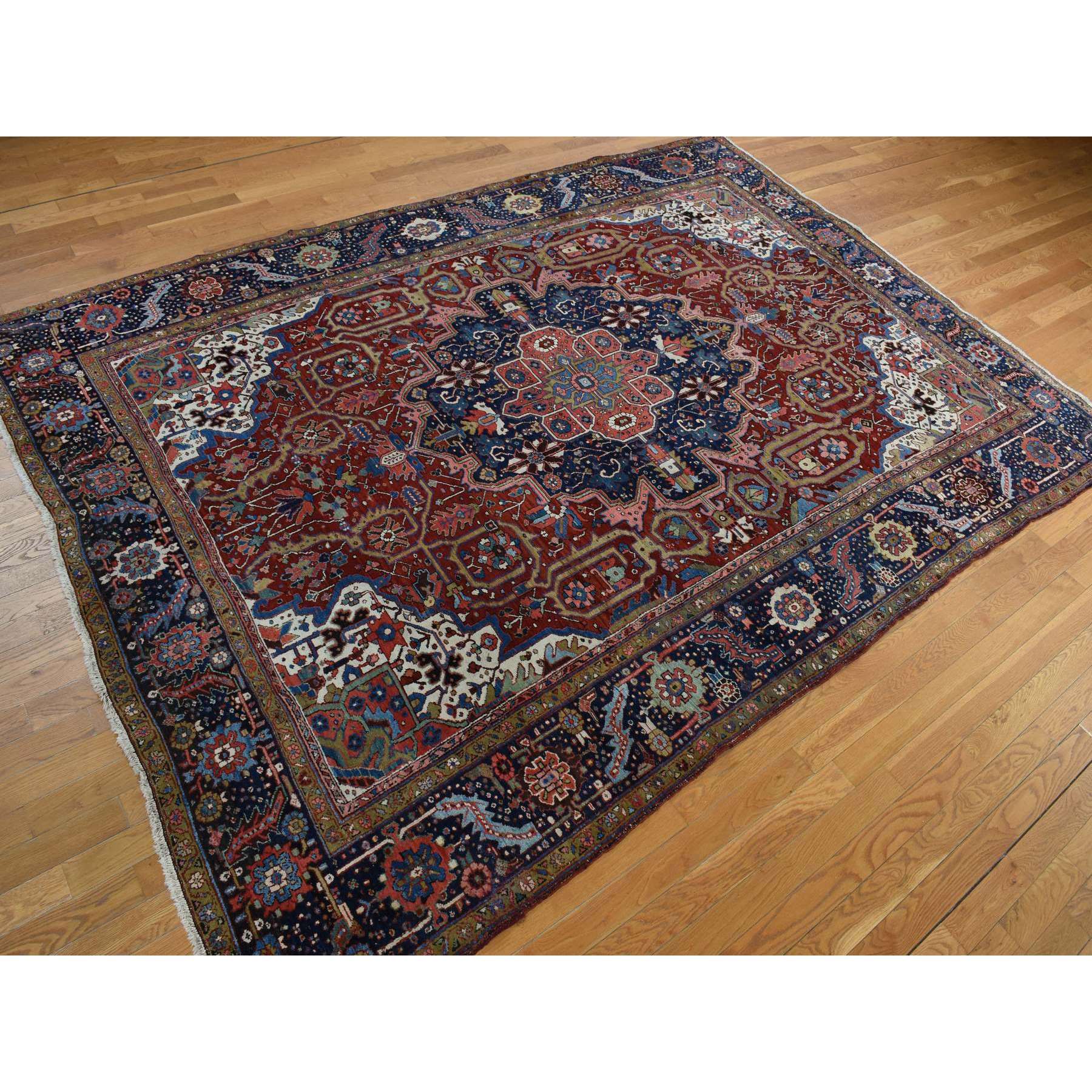 8'3"x11'9" Emboldened Red With Berlin Blue, Antique Persian Heriz in Excellent Condition, Clean, Even Pile and Soft, Extra Soft Wool, Sides and Ends Professionally Secured, Hand Knotted Oriental Rug Sh78162