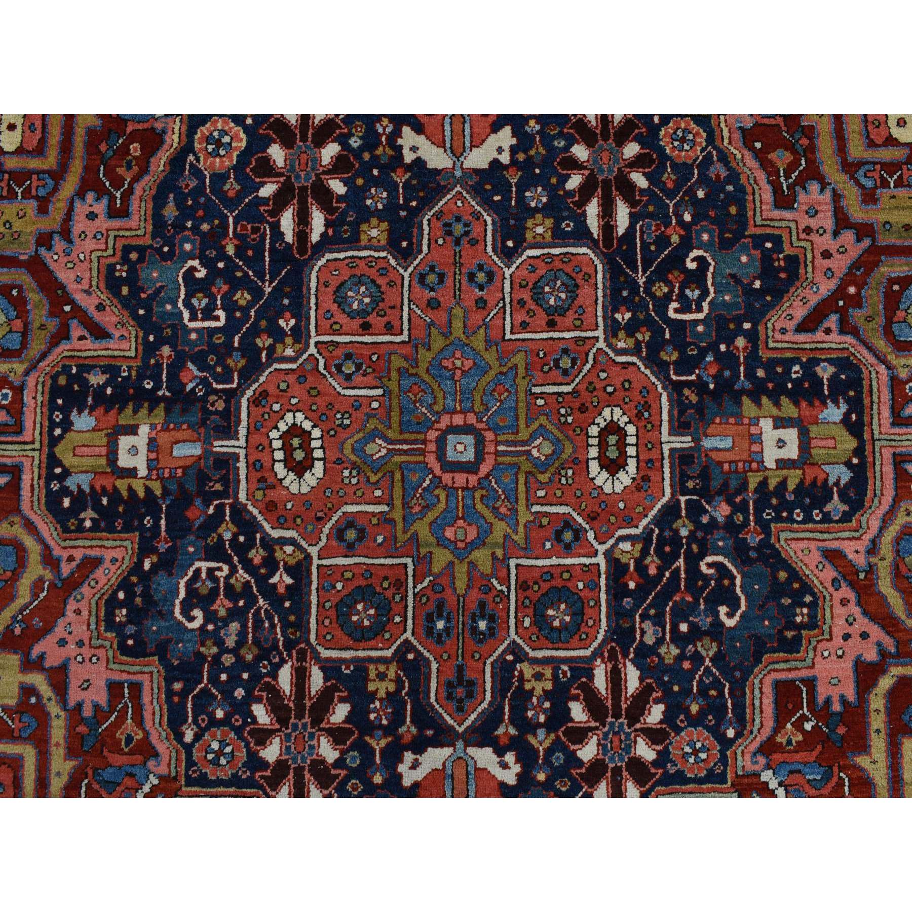 8'3"x11'9" Emboldened Red With Berlin Blue, Antique Persian Heriz in Excellent Condition, Clean, Even Pile and Soft, Extra Soft Wool, Sides and Ends Professionally Secured, Hand Knotted Oriental Rug Sh78162