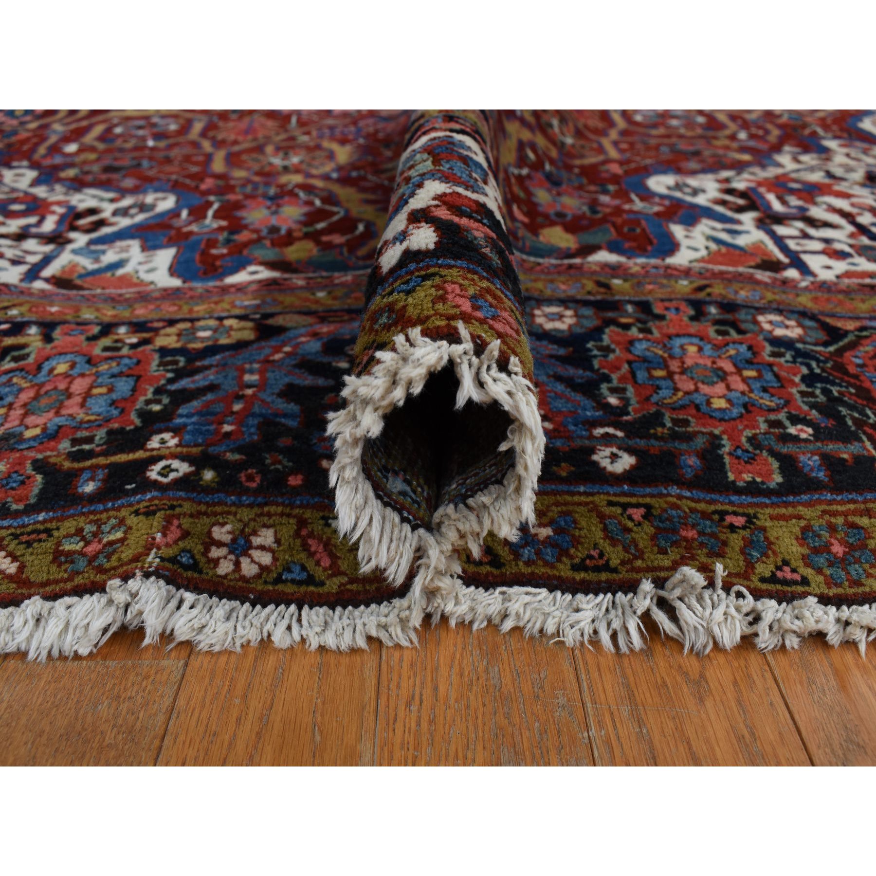 8'3"x11'9" Emboldened Red With Berlin Blue, Antique Persian Heriz in Excellent Condition, Clean, Even Pile and Soft, Extra Soft Wool, Sides and Ends Professionally Secured, Hand Knotted Oriental Rug Sh78162