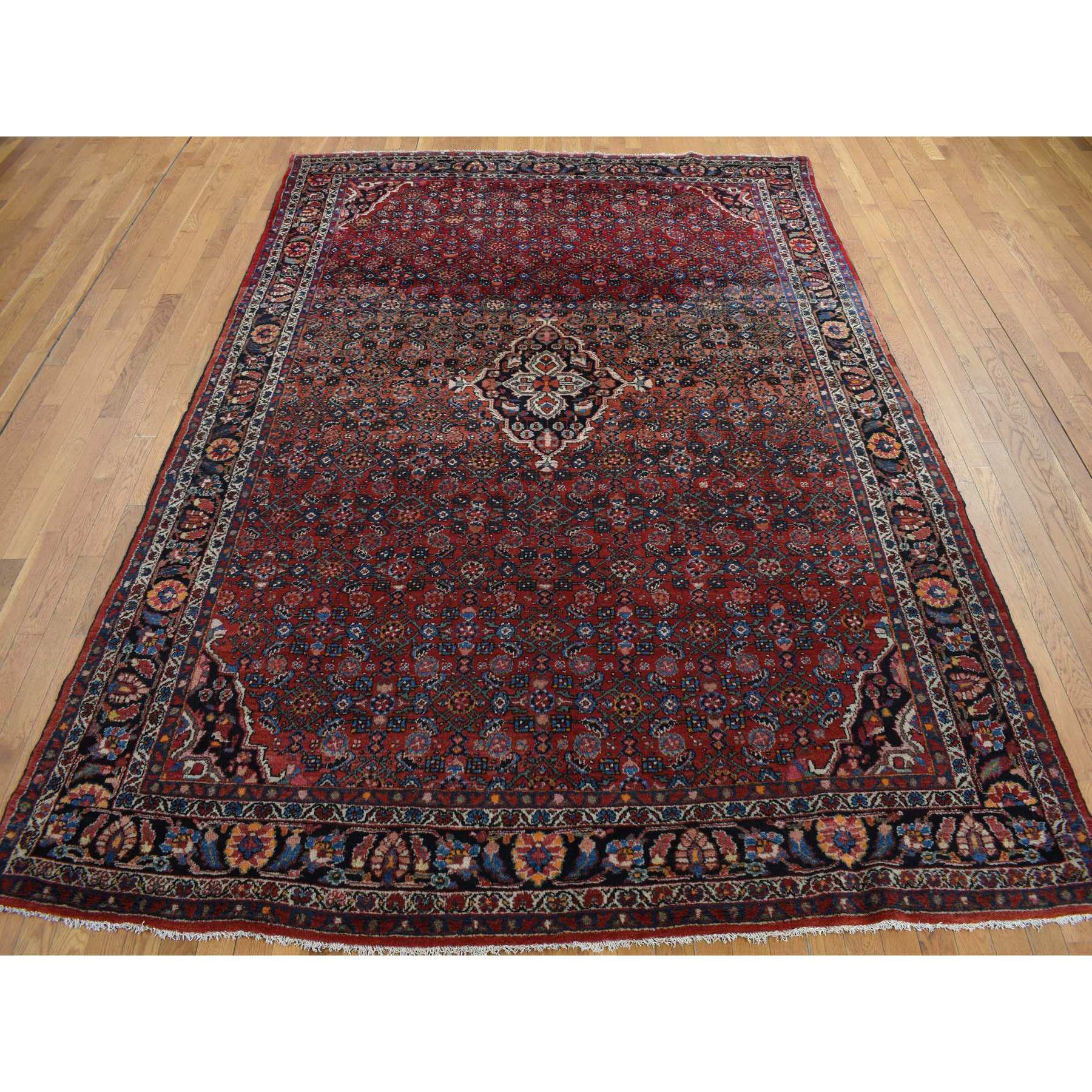 8'5"x11'3" Pompeian Red, Hand Knotted Antique Persian Hamadan, Full Pile, Clean and Soft, Distinct Abrash, Soft and Velvety Wool, Excellent Condition, Not Worn Down, Oriental Rug Sh78163