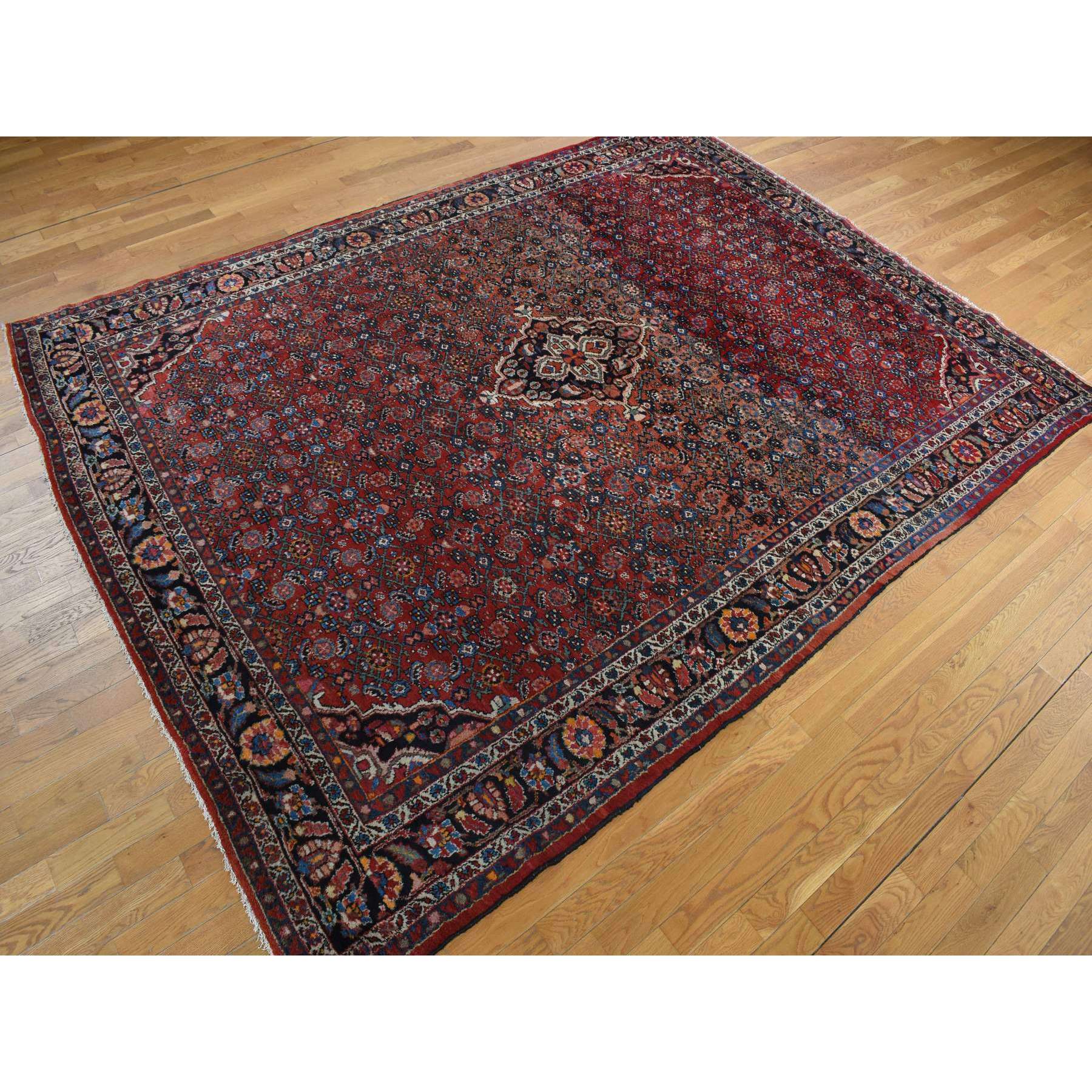 8'5"x11'3" Pompeian Red, Hand Knotted Antique Persian Hamadan, Full Pile, Clean and Soft, Distinct Abrash, Soft and Velvety Wool, Excellent Condition, Not Worn Down, Oriental Rug Sh78163
